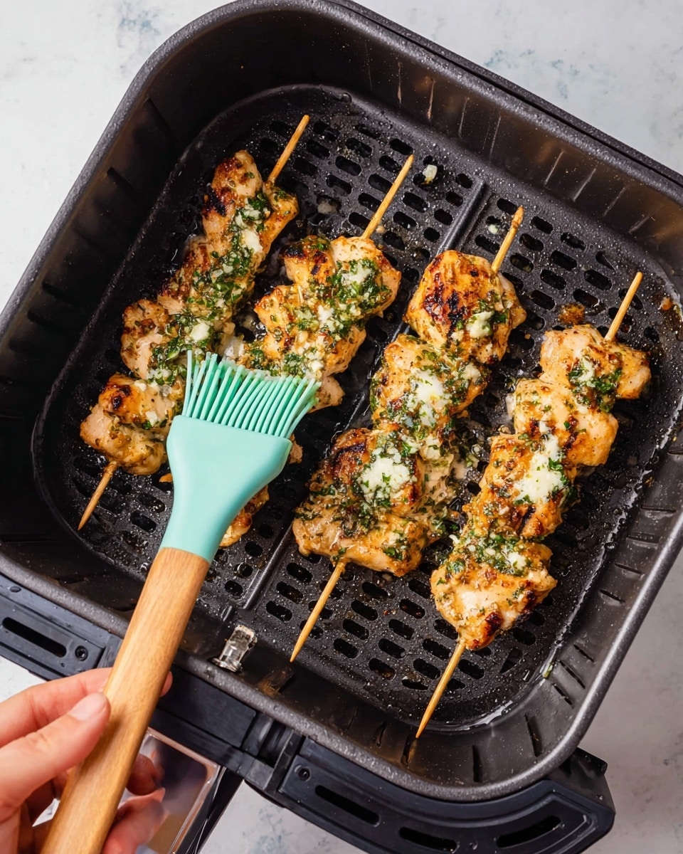 Four wooden skewers with grilled chicken pieces are laid out inside a black air fryer basket. The chicken is golden brown with some slightly darker grilled spots and is topped with a green herb mixture and small bits of a white topping likely garlic or cheese. A teal silicone brush with a light wooden handle is held by a woman's hand, applying more of the herb topping onto the chicken. The background surface under the air fryer features a white marbled texture. Photo taken with an iphone --ar 4:5 --v 7