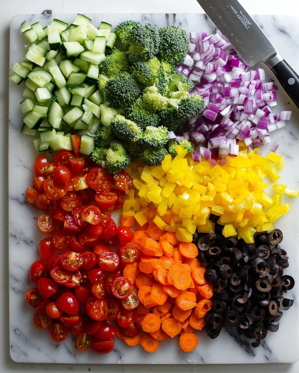 The image shows a white marbled cutting board with seven piles of freshly chopped vegetables arranged in a grid. Starting from the top left corner, there is a pile of sliced cucumber pieces with dark green skin and pale green inside, next to it a heap of small broccoli florets with a dark green color. To the right, there is a bright yellow pile of diced bell pepper, and next to it, chopped purple-red onions with white centers. Below the cucumber, there is a vivid red pile of halved cherry tomatoes with juicy interiors. To the right of the tomatoes, there are small round slices of orange carrots. Lastly, in the bottom right, there is a pile of sliced black olives with shiny textures and hollow centers. A knife with a black handle rests on the top left of the board. Photo taken with an iphone --ar 4:5 --v 7