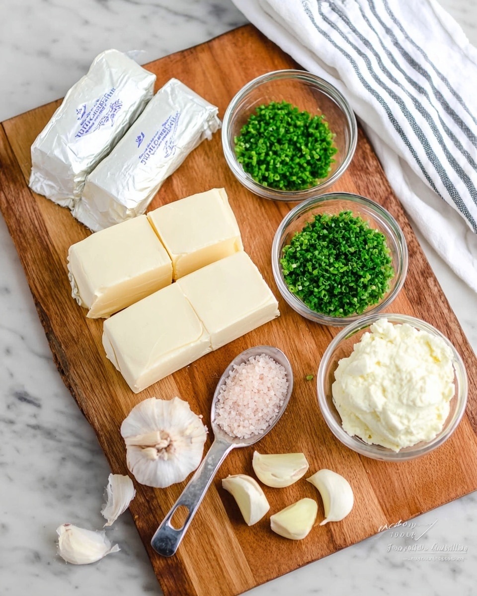 The image shows a wooden board with several food items arranged neatly on it. On the left side, there are five blocks of cream cheese, three still wrapped in white and blue foil, and two unwrapped, showing their smooth, pale cream color. To the right of the cheese blocks, there are three small clear glass bowls, one filled with finely chopped green chives, the second with a white creamy substance, and the third with chopped green herbs. Below these bowls, a silver measuring spoon holds a pale pink salt, and next to it are three peeled garlic cloves. The wooden board rests on a white marbled surface with a piece of white cloth with black stripes on the upper right corner. photo taken with an iphone --ar 4:5 --v 7