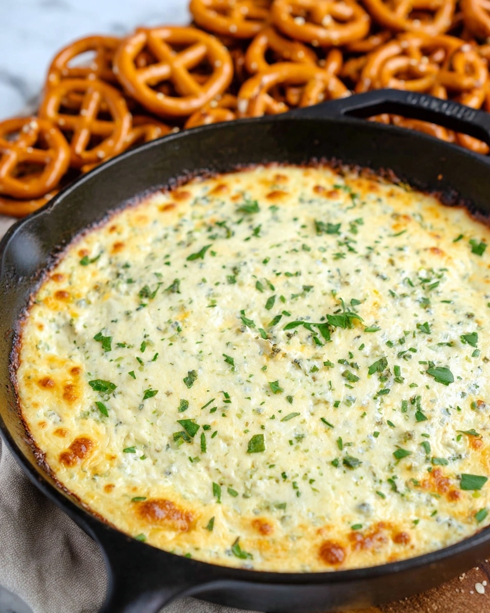 A close-up view of a baked creamy dip in a white cast iron skillet, showing one smooth top layer that is golden-brown at the edges with small bubbly spots and sprinkled with fresh chopped green herbs. The creamy dip has a slightly uneven texture with hints of green herbs mixed inside. Behind the skillet, there is a white marbled surface with a pile of orange baked pretzels scattered loosely. The image has a clean, bright look, emphasizing the warm, inviting colors of the dip and pretzels. Photo taken with an iphone --ar 4:5 --v 7