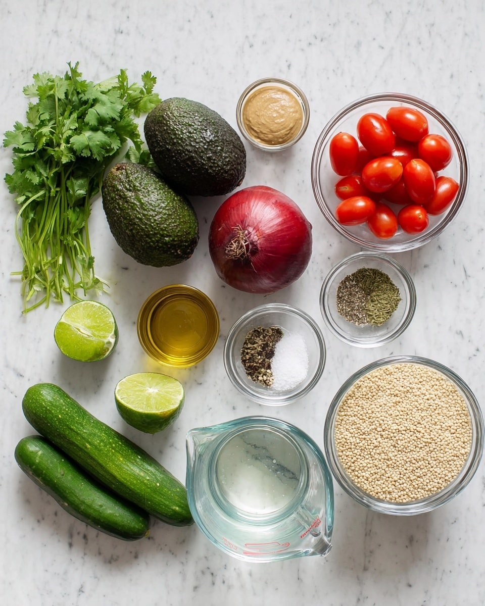 The image shows fresh ingredients neatly arranged on a white marbled surface, including a green lime, two dark green avocados, a red onion, two small green cucumbers, and a bunch of fresh green cilantro on the left side. To the right, there are several clear glass bowls containing different items: one with beige mustard, a second with bright red cherry tomatoes, a third with white salt, another with a mix of dried herbs and black pepper, one with a dark brown liquid, and a larger bowl filled with light beige quinoa. There is also a clear glass measuring cup filled with water near the center. A small bottle of golden olive oil is placed near the lime and onion. The arrangement is clean, colorful, and well-spaced, showcasing the fresh and raw elements of the recipe. Photo taken with an iphone --ar 4:5 --v 7