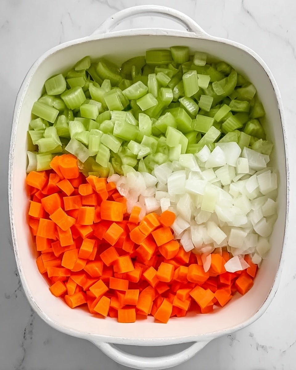 The image shows a white pan filled with three separate sections of chopped vegetables. One section has light green celery pieces with a smooth texture, another section contains bright orange carrot slices, and the third section has diced white onions with a slightly translucent look. The vegetables are neatly arranged in three parts, without overlapping, on a white marbled surface. Photo taken with an iphone --ar 4:5 --v 7