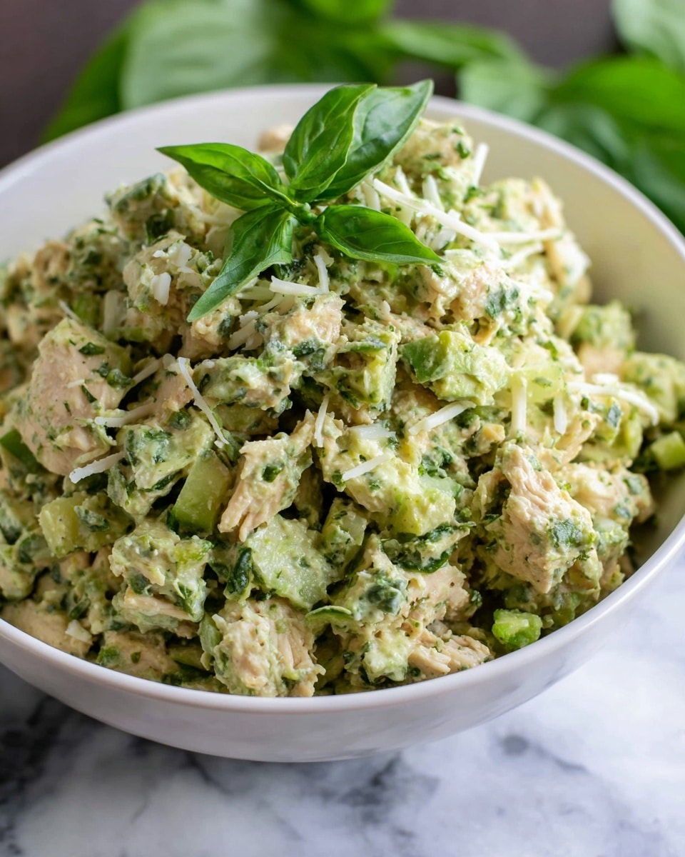 A white bowl filled with a green-tinted chicken salad featuring small chunks of light beige chicken mixed with chopped green celery and finely shredded white cheese. The salad has a creamy, herb-speckled dressing coating all ingredients, giving it a textured look with visible green flecks. A fresh basil leaf garnish sits on top, adding a darker green contrast. The bowl rests on a white marbled surface with a slight blurred background and some green leaves partially visible. Photo taken with an iphone --ar 4:5 --v 7