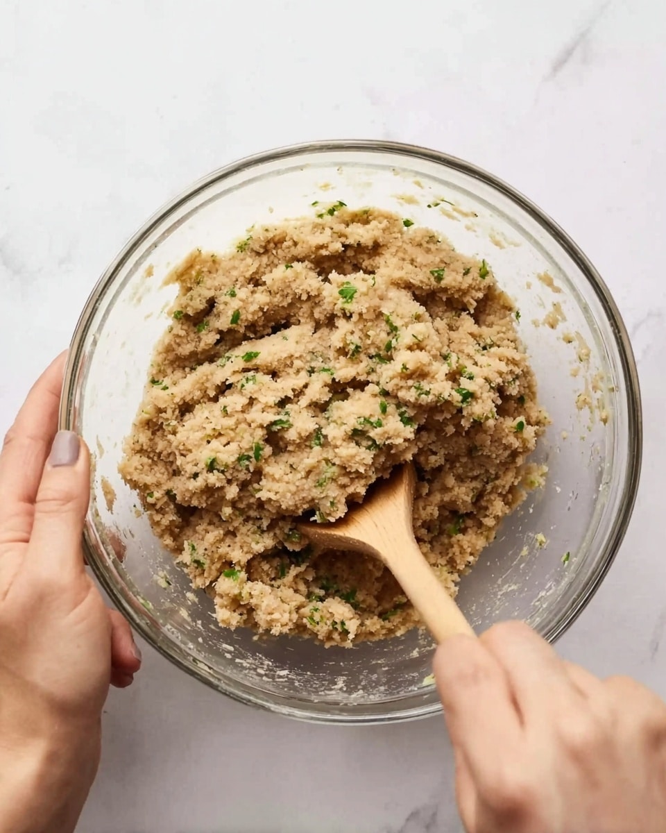 A clear glass bowl filled with a chunky, beige mixture that has small green herb pieces mixed throughout. A woman’s hand holds the bowl steady while another woman’s hand stirs the mixture using a wooden spoon. The texture of the mixture looks rough and grainy, with some soft crumbly bits. The bowl is placed on a white marbled surface. Photo taken with an iphone --ar 4:5 --v 7