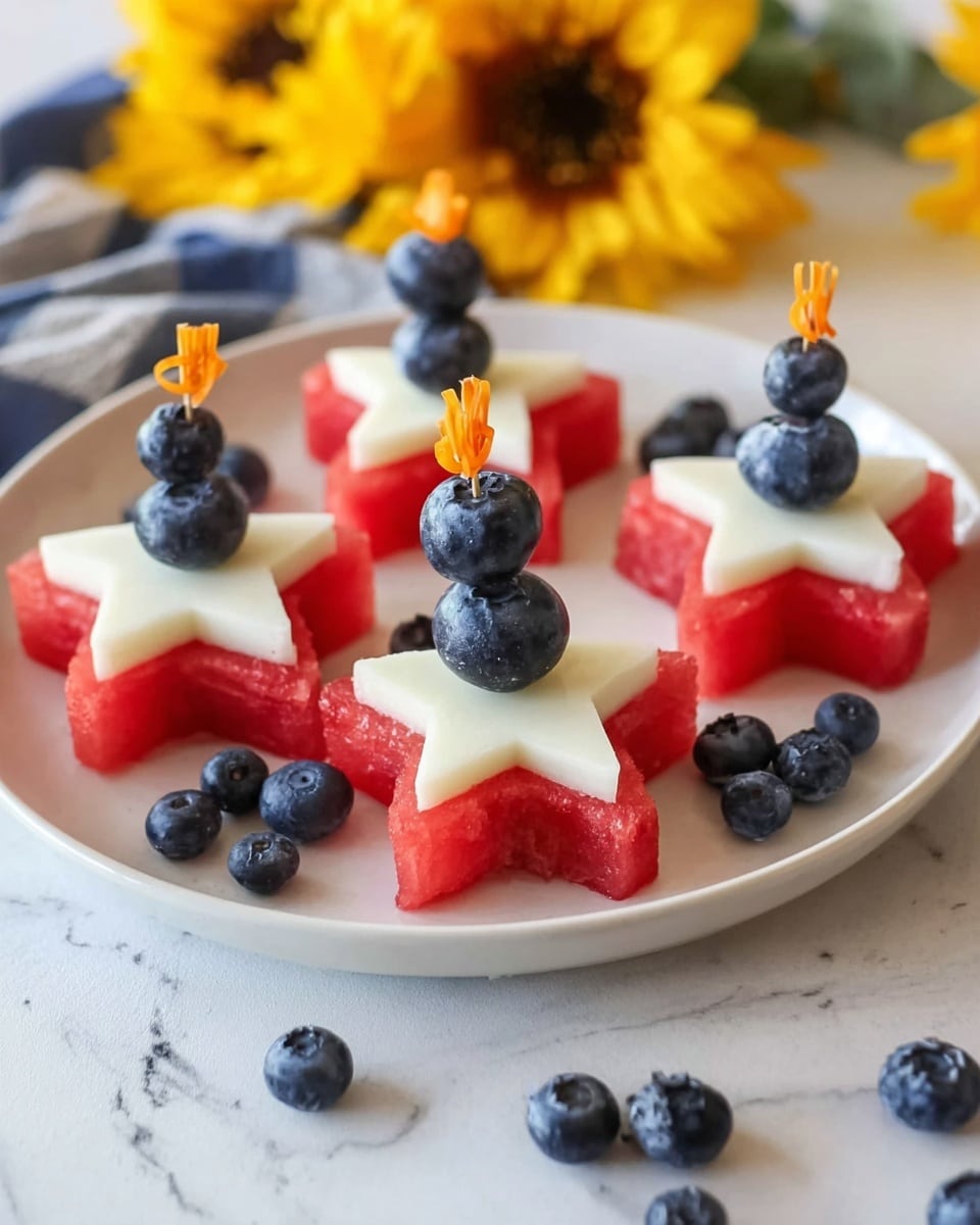 The image shows five star-shaped watermelon pieces arranged on a white plate. Each piece has a white star-shaped slice of cheese on top, and two blueberries are stacked above the cheese in the center, holding a small orange toothpick. The plate is placed on a white marbled surface, surrounded by scattered blueberries and two large yellow flowers in the background. The colors are bright with red, white, and dark blue clearly visible. photo taken with an iphone --ar 4:5 --v 7