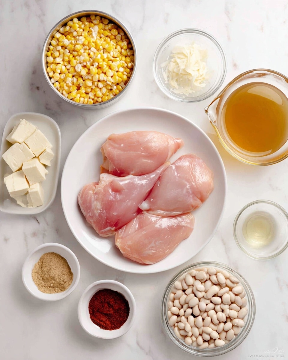 The image shows raw chicken pieces placed in the center of a white plate, with four large, shiny, light pink pieces arranged close together. Around the plate, several small white dishes and clear glass bowls hold different ingredients: bright yellow and white corn in a metal container in the upper left, creamy white cubed cheese in a small glass bowl below the corn, light brown powder in a small white bowl near the bottom center, dark red powder in a small white bowl at the top, and white beans in a clear glass bowl on the lower right. There is a clear glass measuring cup filled with light brown broth on the right side. The whole scene is set on a white marbled surface with soft, even lighting. photo taken with an iphone --ar 4:5 --v 7