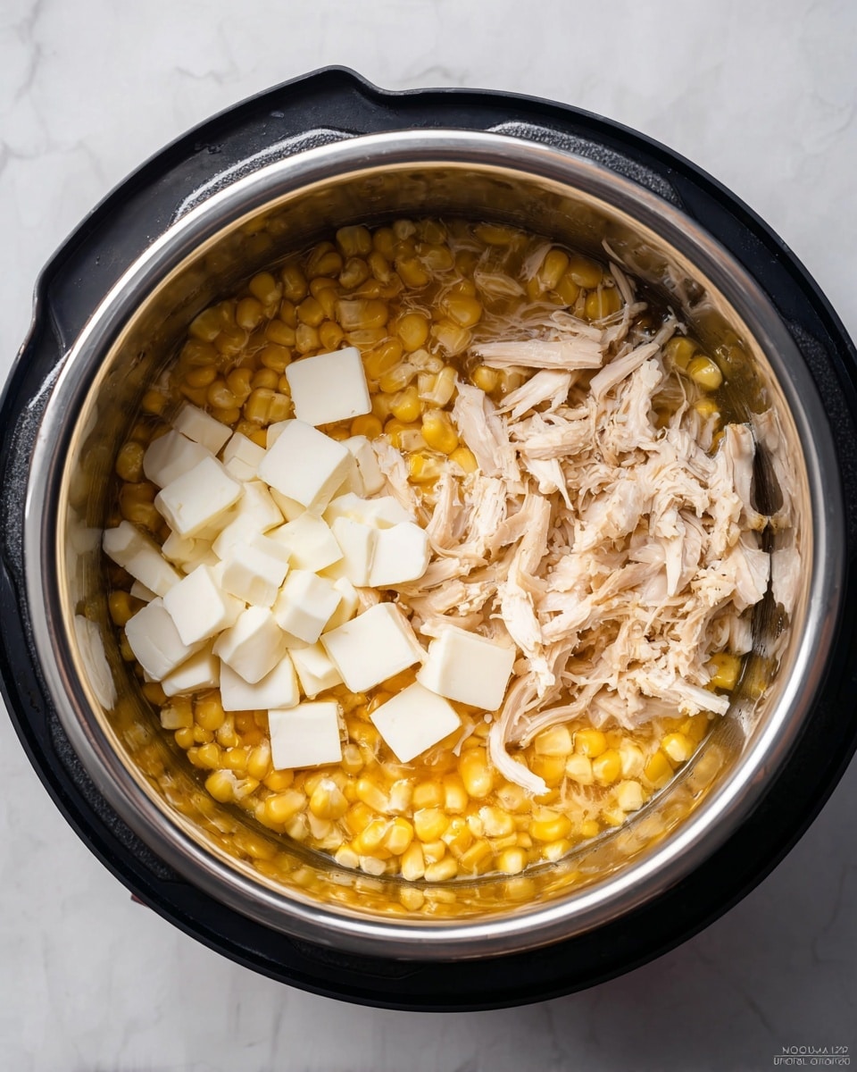 The image shows a black electric pot with a shiny silver inside. At the bottom, there is a layer of yellow corn kernels mixed with some clear broth. On top of the corn on the left side, there are several small blocks of white cream cheese. On the right side, there is a layer of shredded light beige cooked chicken. The surface the pot is on is white with a marble texture. photo taken with an iphone --ar 4:5 --v 7