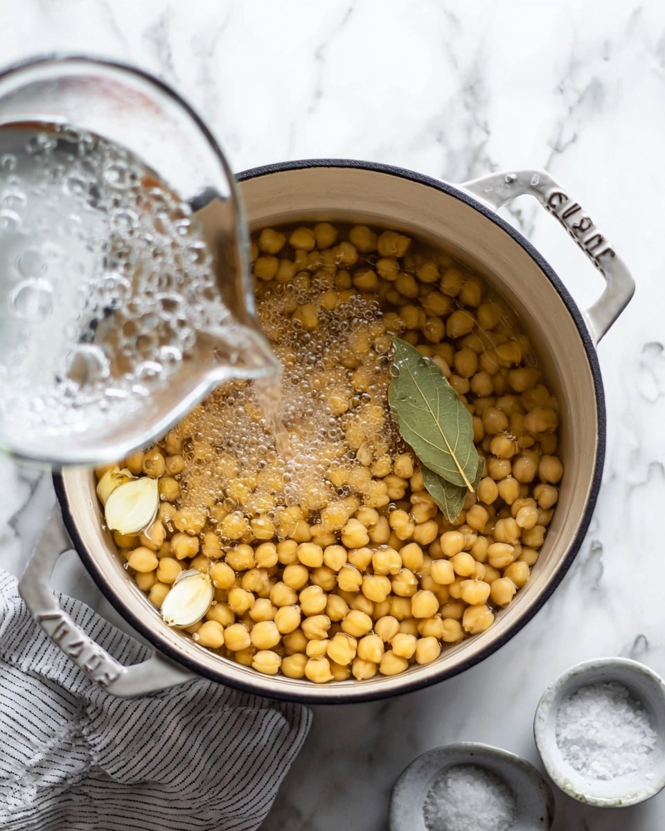A white cast iron pot filled with a single layer of light brown chickpeas covered in clear water, a bay leaf floating on top near the center, and two pieces of peeled garlic cloves visible on the left side of the pot; clear water is being poured into the pot from a glass measuring cup on the left side with water bubbles forming; the pot sits on a white marbled surface with a folded white and gray striped cloth partially visible underneath the pot handle at the bottom left; two small white bowls with coarse salt are placed slightly out of focus to the right edge. Photo taken with an iphone --ar 4:5 --v 7