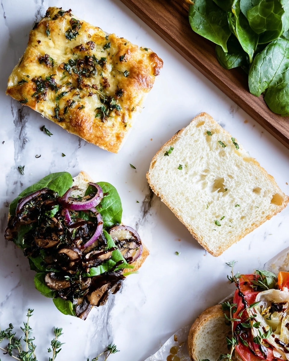 The image shows an open sandwich on a white marbled surface with two pieces of white bread, one on the top left and one on the bottom right. The top left piece has a golden brown, crispy texture with herbs and small bits of toasted garlic scattered on top. The bottom right piece is plain, with visible air pockets and a drizzle of balsamic glaze in thin lines. The sandwich on the bottom left is layered with dark roasted mushrooms, thin purple onion slices, bright red roasted pepper strips, and a thick pile of fresh dark green sliced spinach leaves on top. In the top right corner, there is a wooden board with fresh green spinach or basil leaves next to some sprigs of fresh thyme placed on the white marbled surface. Photo taken with an iphone --ar 4:5 --v 7