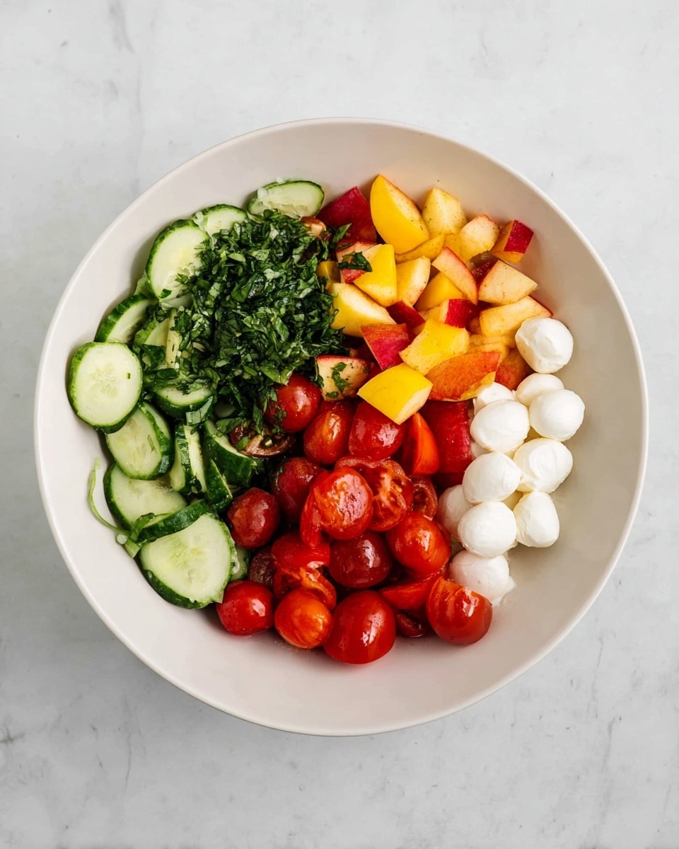 A white bowl on a white marbled surface contains five separate layers of fresh ingredients arranged neatly side by side without mixing. Starting from the left, there is a layer of thinly sliced cucumber rounds, next to finely chopped green herbs creating a leafy texture. Then, a pile of chopped yellow and red apple pieces sits next to a group of whole and halved bright red cherry tomatoes. Finally, small white mozzarella balls form the last section. The colors contrast clearly, with green, yellow, red, and white tones presented in clean, distinct sections. Photo taken with an iphone --ar 4:5 --v 7