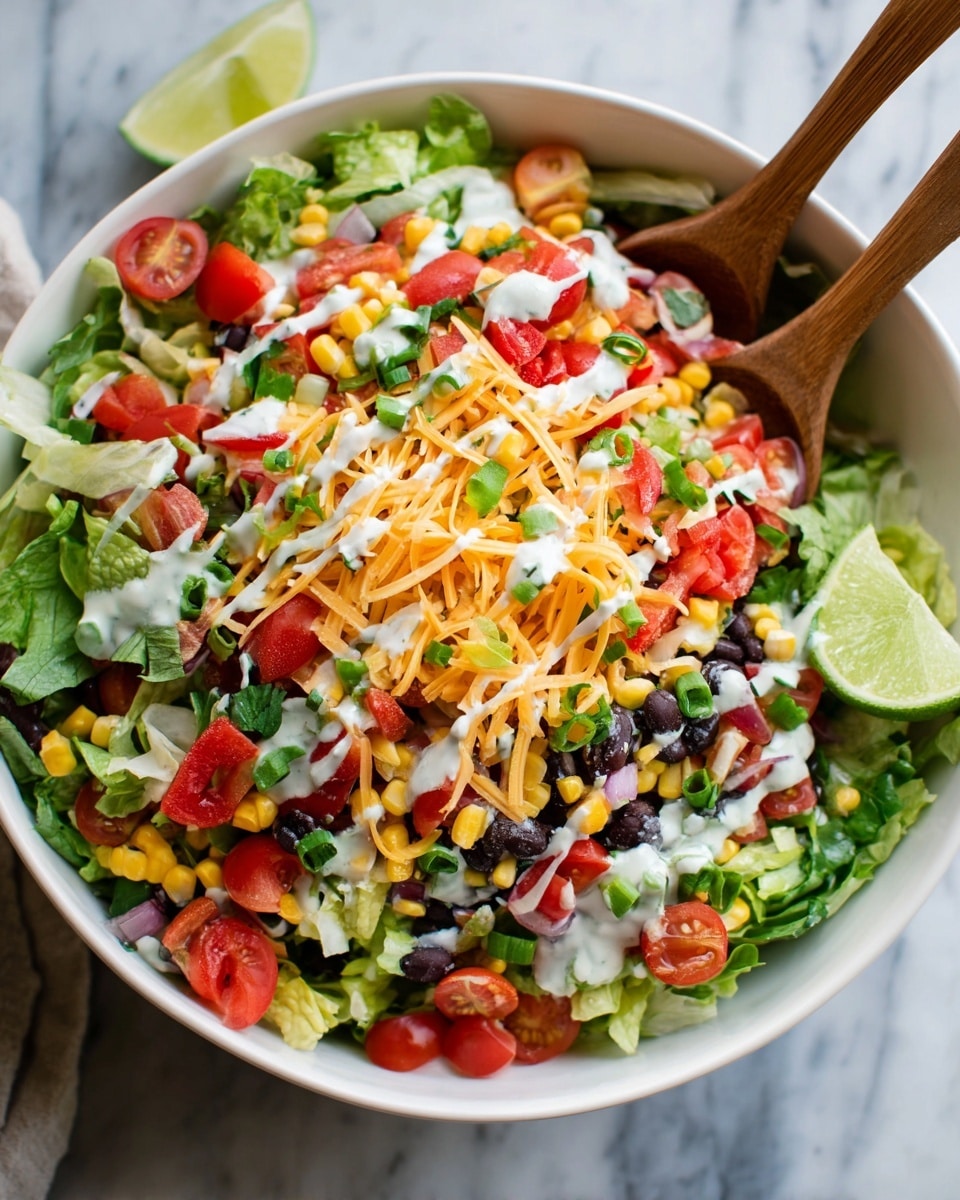 A large white bowl is filled with a colorful layered salad. The base layer is leafy green lettuce, topped with halved red cherry tomatoes, sliced red bell peppers, yellow corn kernels, and black beans. Thin, shredded orange cheese is spread over the salad along with small green onion pieces. White creamy dressing is drizzled over the top. Two wooden salad forks are standing vertically in the bowl. A lime wedge is placed on the edge of the bowl, all set against a white marbled background. photo taken with an iphone --ar 4:5 --v 7