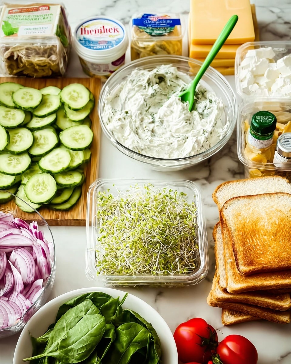 The image shows a spread of fresh ingredients arranged on a white marbled surface. On the left, there is a wooden board layered with thin round slices of cucumber in a neat pile, overlapping each other. Next to it, there is a large clear glass bowl filled with a white creamy dip that has green herbs mixed in, along with a green spoon resting inside. In the center, a small clear plastic container is filled with light green sprouts with thin white stems. Behind the sprouts, a white ceramic bowl holds thinly sliced red onions in loose strands. On the right side, there are three slices of golden toasted bread stacked carefully one on top of another. Surrounding these main items, there are various food packages including pale yellow cheese, a jar of mushrooms, a bag of fresh spinach leaves, a bright red tomato, and containers of white creamy spreads. photo taken with an iphone --ar 4:5 --v 7