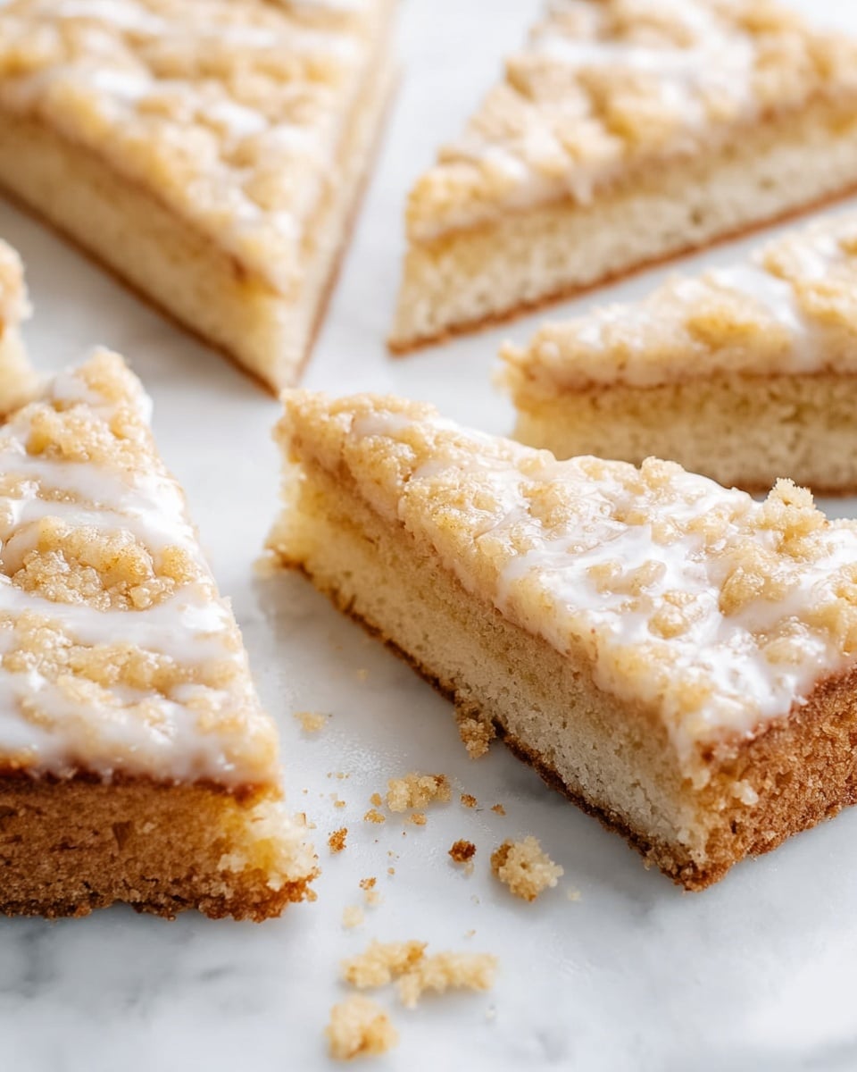 The image shows a close-up of several triangular cake slices arranged on a white marbled surface. Each slice has two visible layers: a light beige, soft-looking base layer with a slightly porous texture, and a crumbly, golden-brown topping layer. The topping is lightly covered with a shiny white glaze that looks smooth and slightly uneven, giving the slices a homemade appearance. Some crumbs are scattered around the slices on the white marbled surface. Photo taken with an iphone --ar 4:5 --v 7