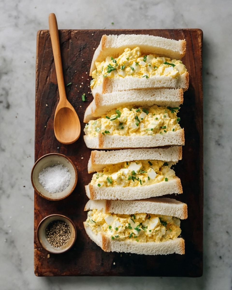 Four egg salad sandwiches are stacked in a row on a dark wooden cutting board. Each sandwich has two layers of soft white bread with a thick yellow egg salad filling inside, speckled with chopped green herbs on top. Beside the sandwiches, there are two small bowls on the board—one with coarse salt and a small wooden spoon inside, and the other with black pepper. The cutting board rests on a white marbled surface. Photo taken with an iphone --ar 4:5 --v 7