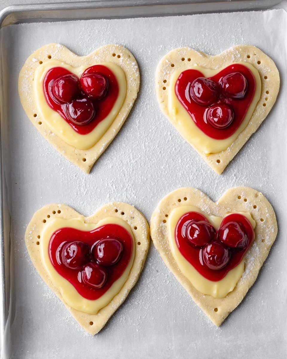 Four heart-shaped pastry dough pieces lie on a baking tray covered with white parchment paper, each with small fork holes made near the edges. On top of each dough heart, there is a layer of smooth, pale yellow custard cream that fills the middle area. Sitting on the custard is a glossy, bright red cherry topping with whole cherries visible, slightly spilling over the custard edges. The dough looks soft and lightly dusted with flour, presenting a ready-to-bake look. photo taken with an iphone --ar 4:5 --v 7