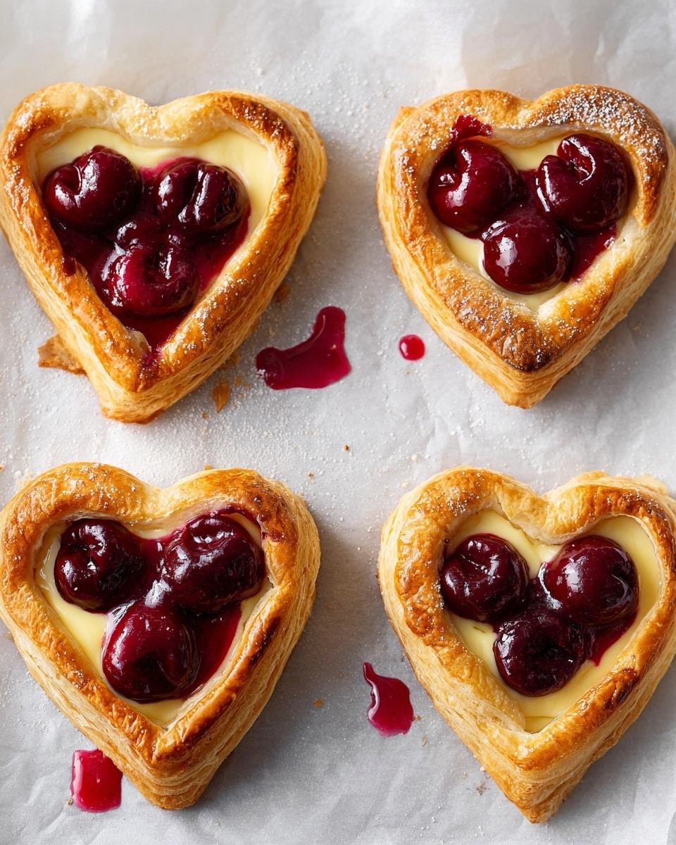 Four heart-shaped pastries sit on white parchment paper with golden brown, crispy puff pastry forming each heart's border. Inside each heart is a pale yellow creamy layer of custard, topped with glossy, deep red cherries and thick cherry sauce pooling slightly. The pastries have a shiny, baked finish with a few drips of cherry sauce on the parchment. The scene is bright with a soft natural light highlighting the warm colors and textures, photo taken with an iphone --ar 4:5 --v 7