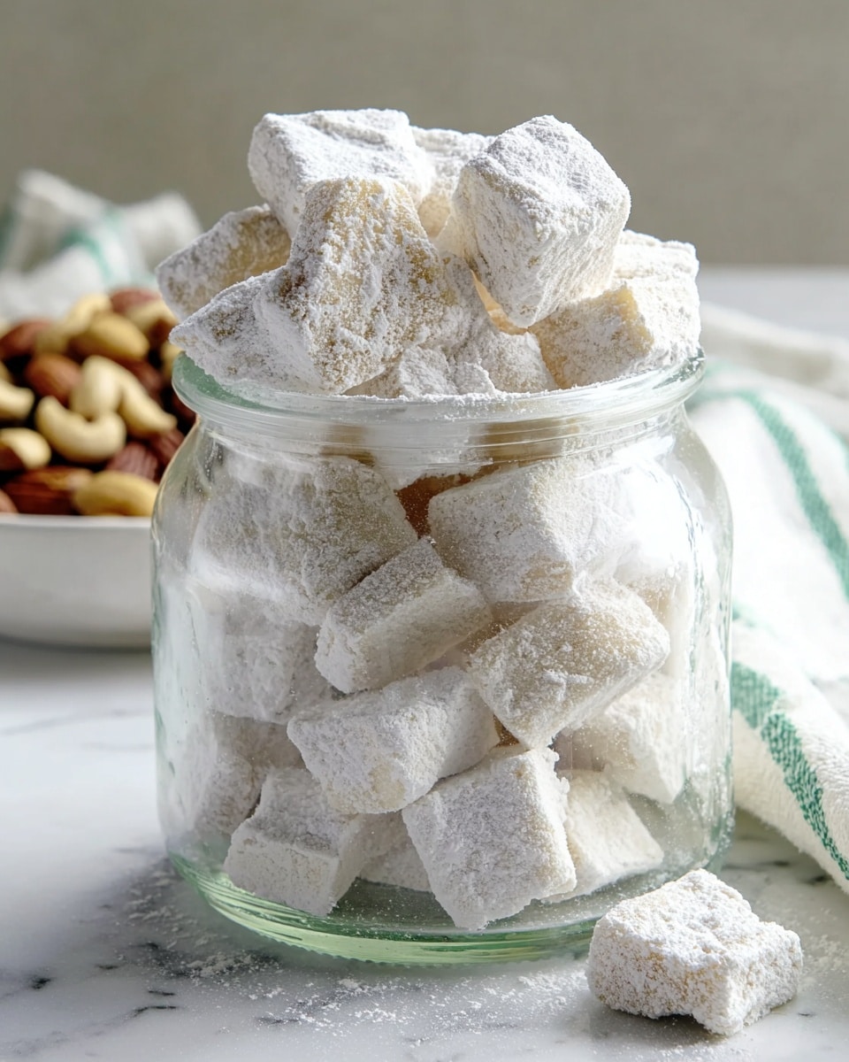 A clear glass jar filled with many small, uneven square and rectangular pieces that are covered in thick white powder, giving them a rough texture. The pieces are stacked tightly inside the jar, some leaning slightly and some upright, with powder also dusted on the rim of the jar. The jar is placed on a white marbled surface, with a blurred background that includes a white bowl filled with brown nuts and a cloth with green and white stripes. Photo taken with an iphone --ar 4:5 --v 7
