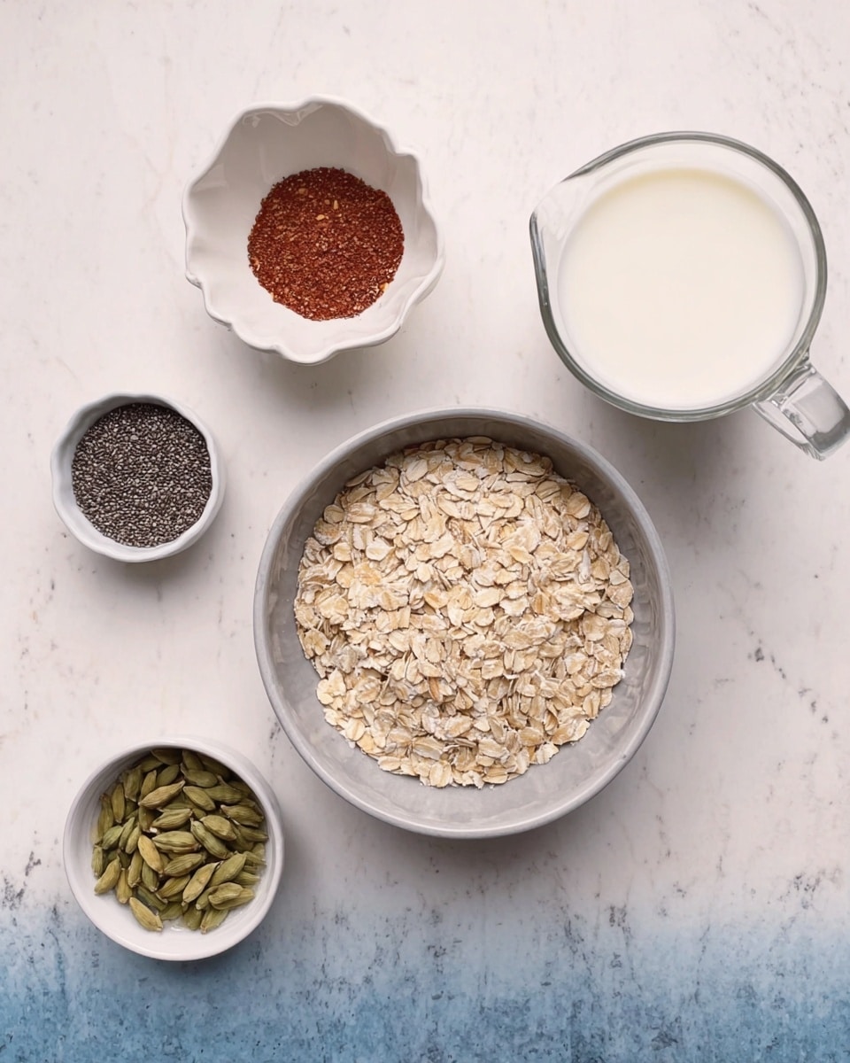 The image shows a white marbled surface with five bowls arranged in a loose circle. In the center, there is a gray bowl filled with light brown rolled oats. Starting from the top left and moving clockwise, there is a small white bowl with reddish-brown powder, a white scalloped bowl containing black chia seeds, a glass measuring jug with white milk, and a small white bowl holding white granulated sugar. Another small white bowl with green cardamom pods is placed near the top left. The bowls and jug hold dry and wet ingredients with different textures and muted colors, all set on the white marbled background. photo taken with an iphone --ar 4:5 --v 7
