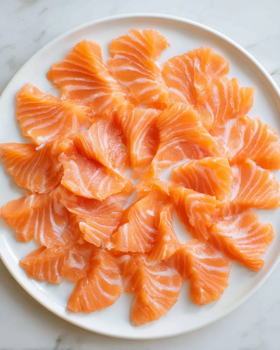 A white round plate with thin slices of orange raw fish arranged in a circular pattern covering almost the entire plate. Each slice has light white lines showing the fish's texture. The fish slices vary slightly in shape and size, creating a natural look. The background is a white marbled texture. Photo taken with an iphone --ar 4:5 --v 7