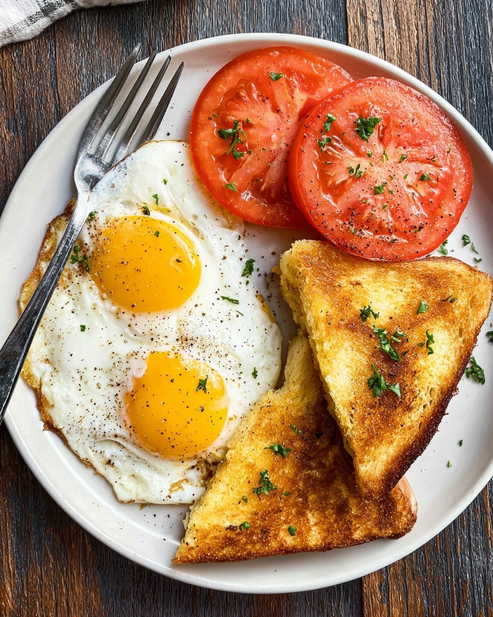 A white plate sits on a dark wooden surface, holding two fried eggs with bright yellow yolks and slightly crispy white edges on the left side. To the right of the eggs, there are two triangular pieces of golden-brown grilled bread with a slightly rough texture and sprinkled with green herbs. Above the eggs, two round, red tomato slices with visible seeds and a light shine rest side by side, lightly seasoned with black pepper and small chopped green herbs. A fork is placed near the top left edge of the plate, with its prongs facing down toward the eggs. Photo taken with an iphone --ar 4:5 --v 7