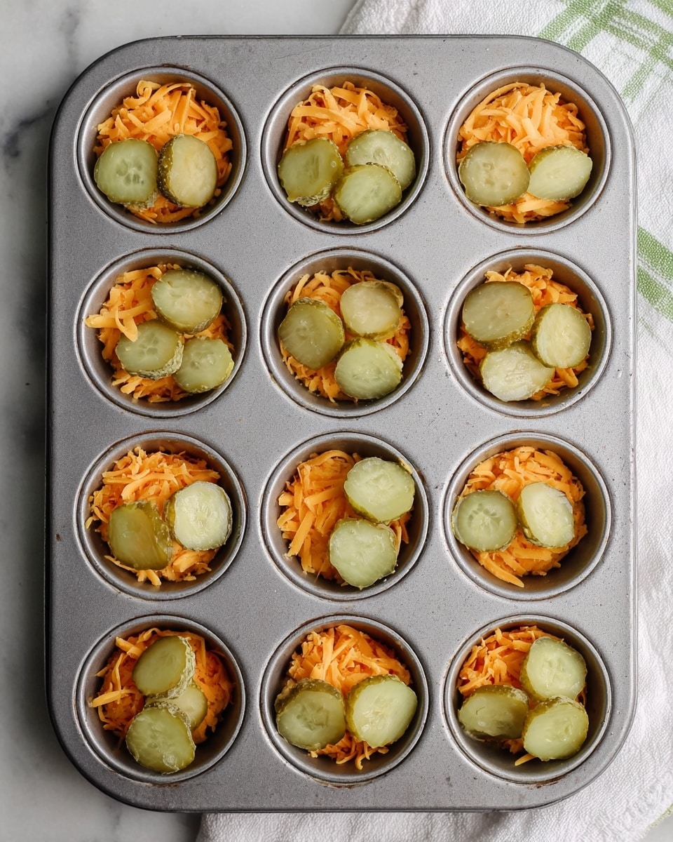 A gray metal muffin tray with twelve cups, each cup containing a bottom layer of bright orange shredded cheese and topped with three or four light green pickle slices, arranged evenly within each cup. The tray is placed on a white marbled surface with a glimpse of a white cloth with green stripes in the background. The cheese has a soft, shredded texture while the pickles appear fresh and slightly wet. The image is taken from above, showing all the cups clearly. photo taken with an iphone --ar 4:5 --v 7