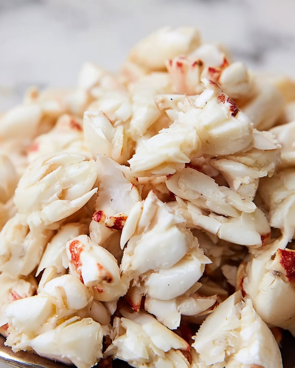 This image shows a close-up of a pile of white crab meat pieces with small touches of red from the shell still attached on some parts. The crab meat pieces are irregular in shape and stacked closely together, showing their soft, fibrous texture. The background is a white marbled surface, making the crab meat stand out clearly with its bright white color and slight reddish highlights. Photo taken with an iphone --ar 4:5 --v 7