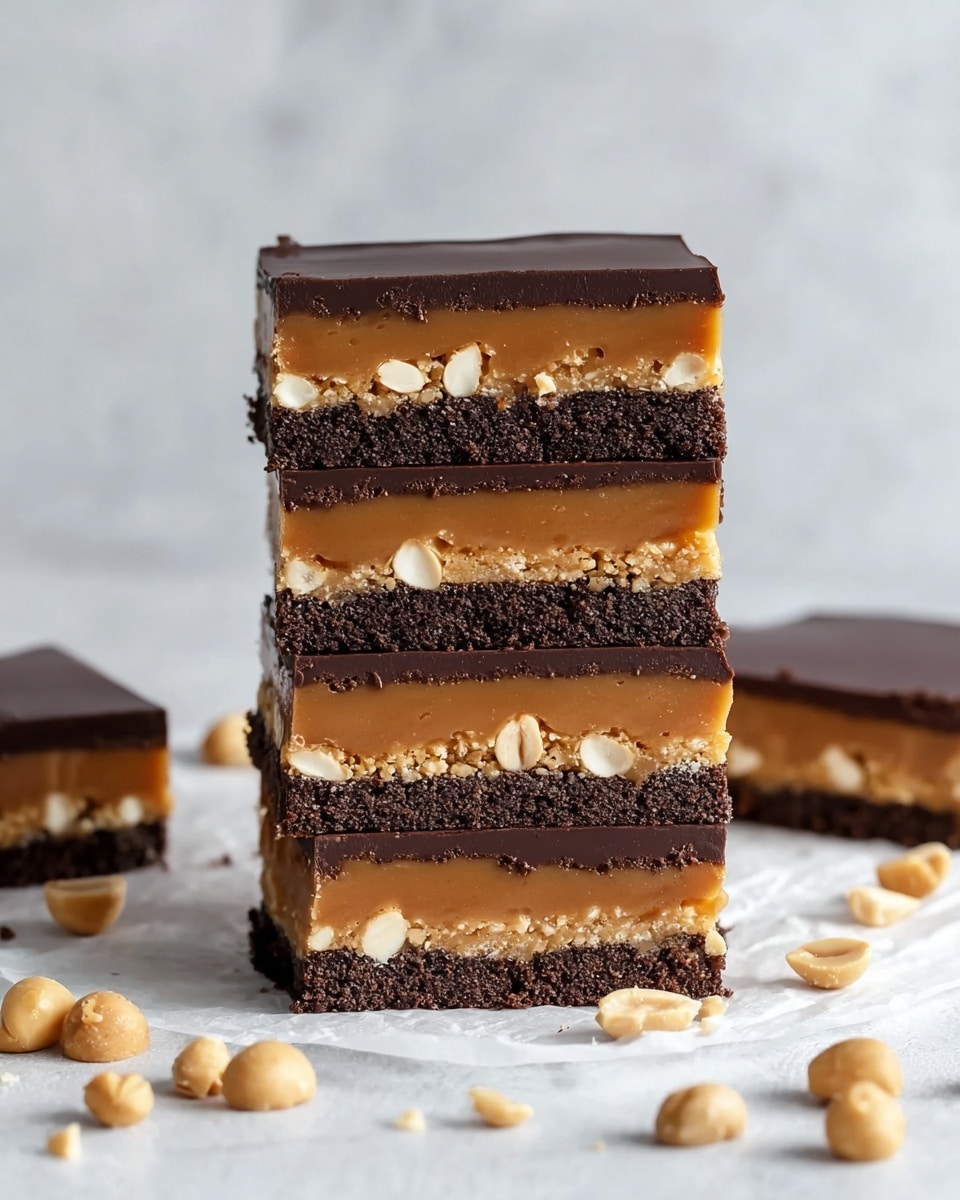 The image shows a stack of four thick layered bars placed on a white marbled textured surface. Each bar has three layers: a dark brown crumbly-looking base, a thick middle caramel layer with visible white nut pieces, and a smooth, dark chocolate layer on top. Next to the stack is one smaller bar and scattered peanut-like nuts around, enhancing the scene's texture and color contrast. The background is a soft, light gray that blends gently with the marbled surface. photo taken with an iphone --ar 4:5 --v 7