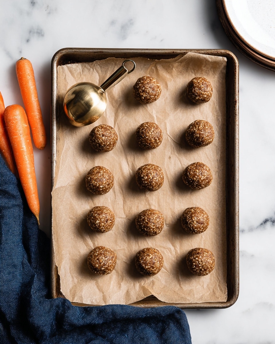 The image shows a metal baking tray lined with crinkled brown parchment paper, holding fifteen round, brown, textured energy balls arranged neatly in three rows of five. At the top of the tray, a shiny gold-colored scoop rests, aligned diagonally on the parchment. On the left side of the tray, there are two whole orange carrots placed on a white marbled surface, with a dark blue cloth partially visible nearby. On the right edge, a white plate with a dark rim peeks into the frame, all set on the same white marbled background. Photo taken with an iphone --ar 4:5 --v 7