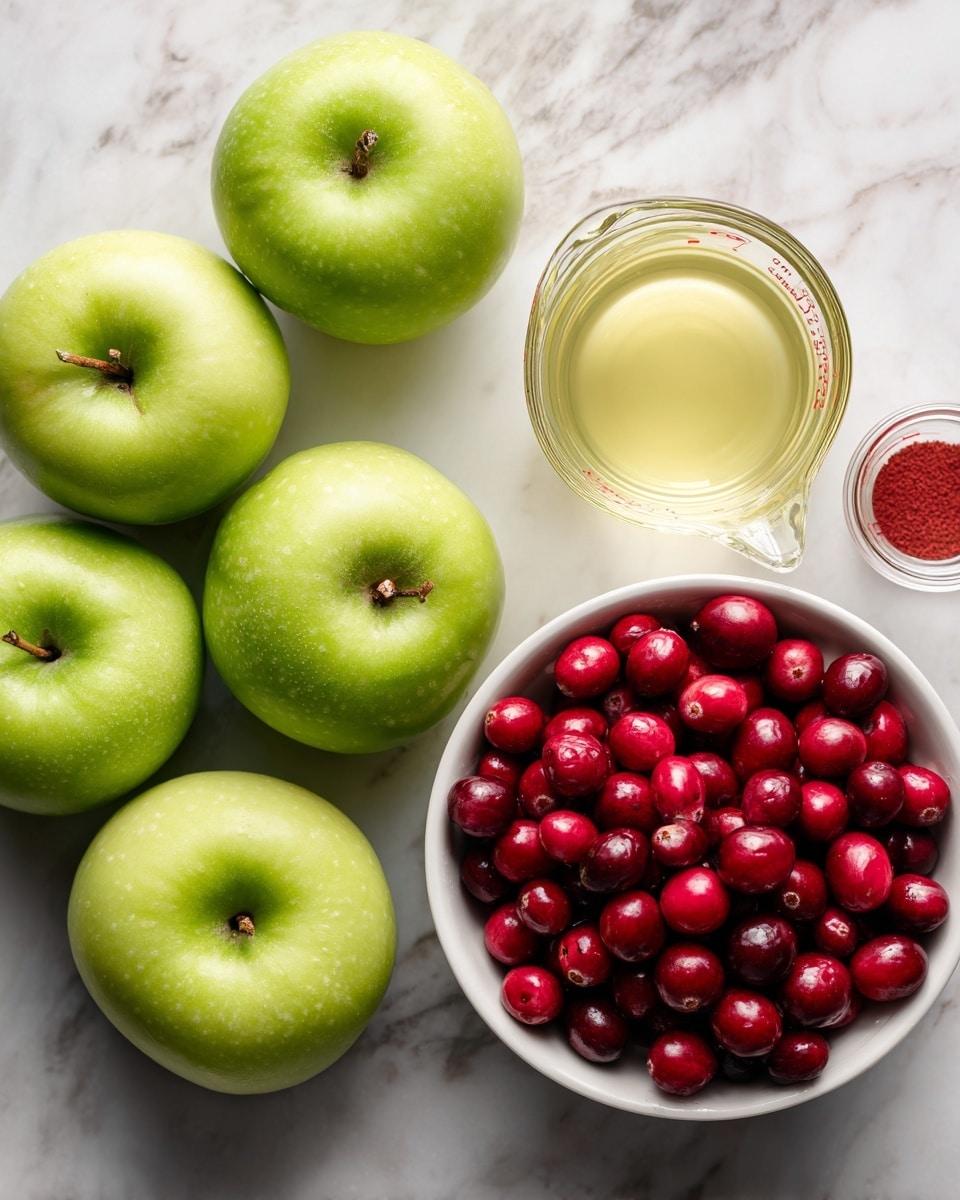 The image shows a baking setup with seven green apples arranged on a white marbled surface, positioned to the left side. To the right, there is a white bowl filled with shiny, red cranberries. Next to the bowl, there is a small clear glass measuring cup holding pale yellow liquid, and a small red and white cinnamon spice container. The texture of the apples is smooth and glossy, and the cranberries are round and bright. The background is a white marbled surface. photo taken with an iphone --ar 4:5 --v 7
