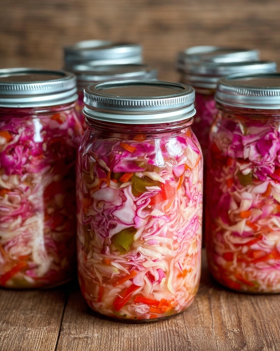 The image shows several glass jars filled with a colorful pickled mixture. Inside each jar, thinly sliced layers of pink and white cabbage mix with small pieces of red carrots and green peppers in a liquid brine. The jars have silver metal lids tightly closed, and the jars are placed on a wooden surface. The liquid has a slight pinkish tint, blending well with the shredded vegetables inside. photo taken with an iphone --ar 4:5 --v 7