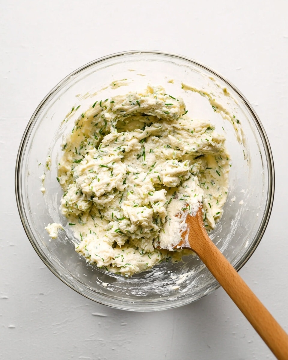 A clear glass bowl filled with a thick, chunky mixture that is pale cream in color with small green flecks spread evenly throughout. The mixture sits in the center of the bowl, which is on a white marbled surface. A wooden spatula with a long handle is resting inside the bowl on the right side, partially covered with the mixture. The texture of the mixture looks soft and slightly sticky, and the bowl has some traces of the mix around the edges. Photo taken with an iphone --ar 4:5 --v 7