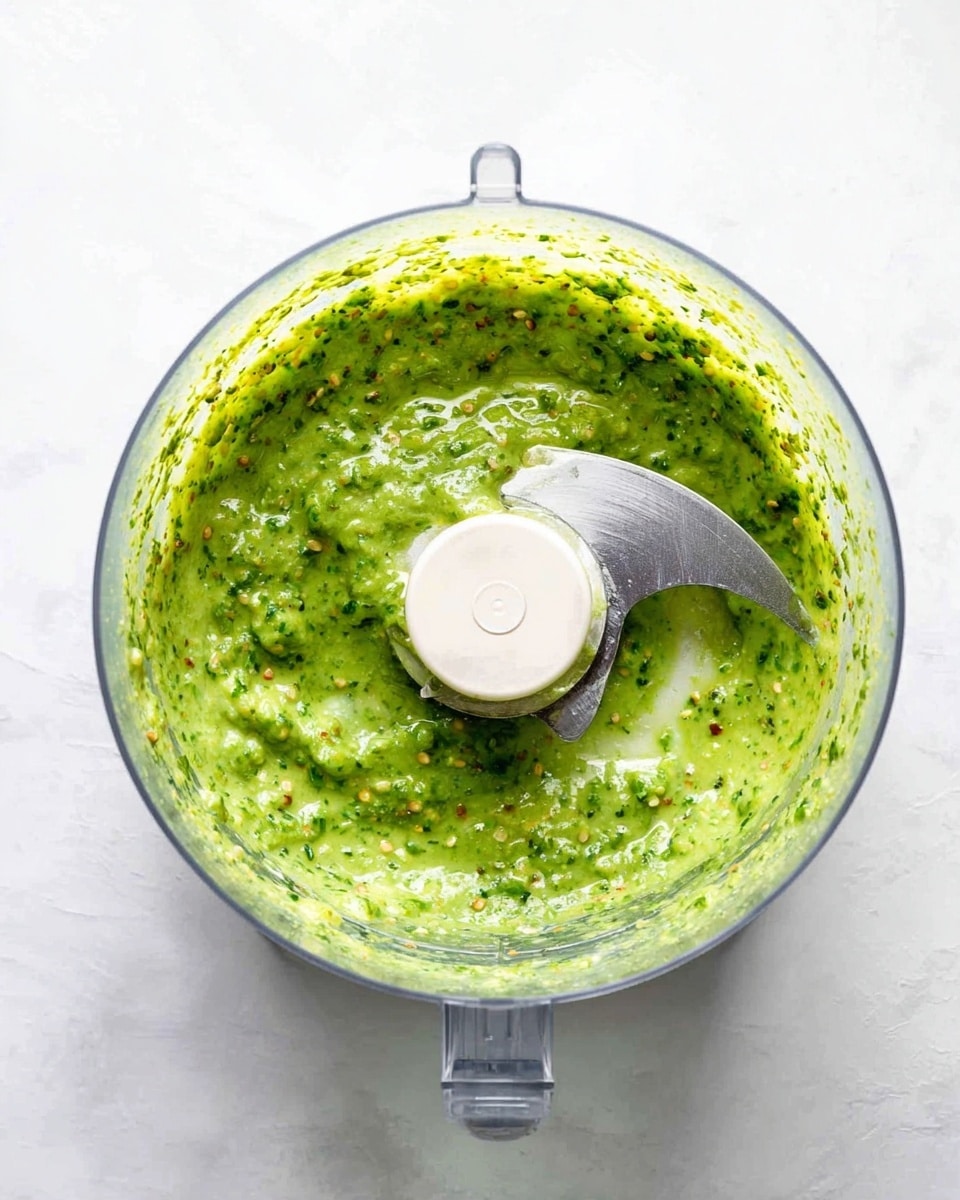 A clear plastic food processor bowl sits on a white marbled surface, filled halfway with a bright green sauce that has a slightly chunky texture with visible tiny bits of herbs and seeds. The sauce clings to the sides of the bowl and the stainless steel blade is partially covered in the green mixture, positioned slightly off-center. The lighting is bright and natural, highlighting the fresh colors of the sauce and clear details inside the bowl. photo taken with an iphone --ar 4:5 --v 7