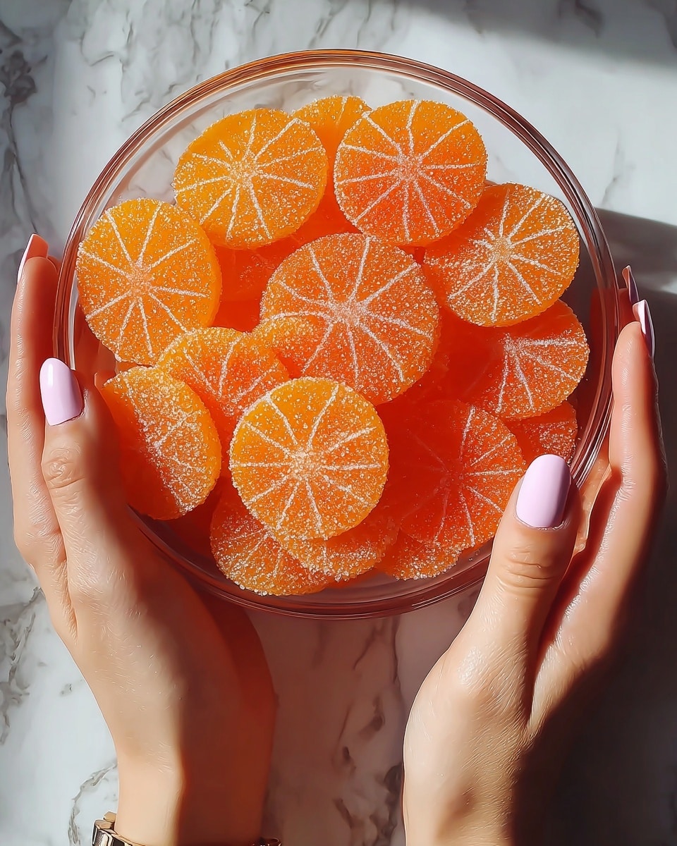 A clear round glass bowl is full of bright orange candies shaped like orange slices, each coated with sugar crystals that give a sparkling effect. The candies are layered closely inside the bowl, showing detailed lines that mimic real orange segments. Two woman's hands with shiny light pink painted nails gently hold the bowl from the sides on a white marbled surface. Photo taken with an iphone --ar 4:5 --v 7