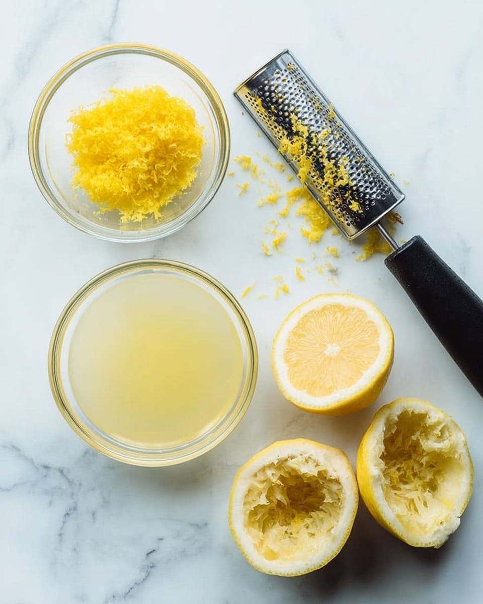On a white marbled surface, there is a small clear glass bowl filled with bright yellow lemon zest at the top left. Below it, slightly to the right, there is a larger clear glass bowl holding pale yellow lemon juice. Next to these bowls on the right, there are three hollowed lemon halves with rough pale yellow and white insides. Above the lemon halves, a black-handled grater lays flat on the surface, showing some lemon zest stuck on it. The scene has soft natural light and clean, fresh colors. photo taken with an iphone --ar 4:5 --v 7