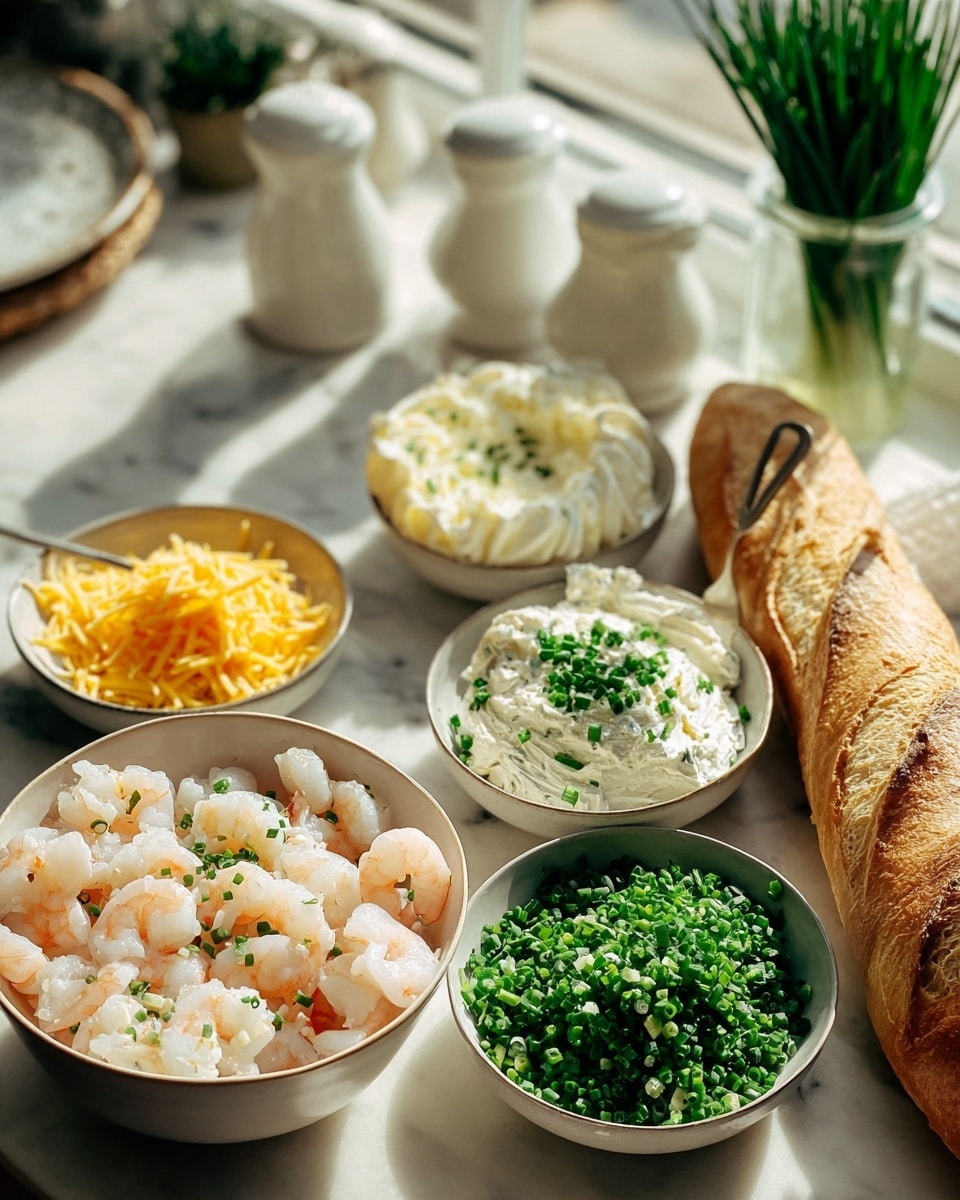 A collection of ingredients for a shrimp dish is arranged on a white marbled surface near a window with sunlight. In the front, there is one bowl filled with small peeled shrimp with a light pink and white color. Nearby are two small bowls of creamy white cheese mixtures sprinkled with chopped green chives on top. Another bowl holds finely shredded yellow cheese with a spoon inside. There is a bowl filled with chopped green chives, vibrant and fresh. In the background, a round bowl holds white whipped butter curls. A long, crusty baguette lies slightly angled behind the bowls, showing a golden-brown crust with texture. Behind the baguette, some white ceramic salt and pepper containers are softly blurred, and a glass jar full of green chives is placed near the window. The overall setting is bright and fresh, with sunlight casting soft shadows. photo taken with an iphone --ar 4:5 --v 7