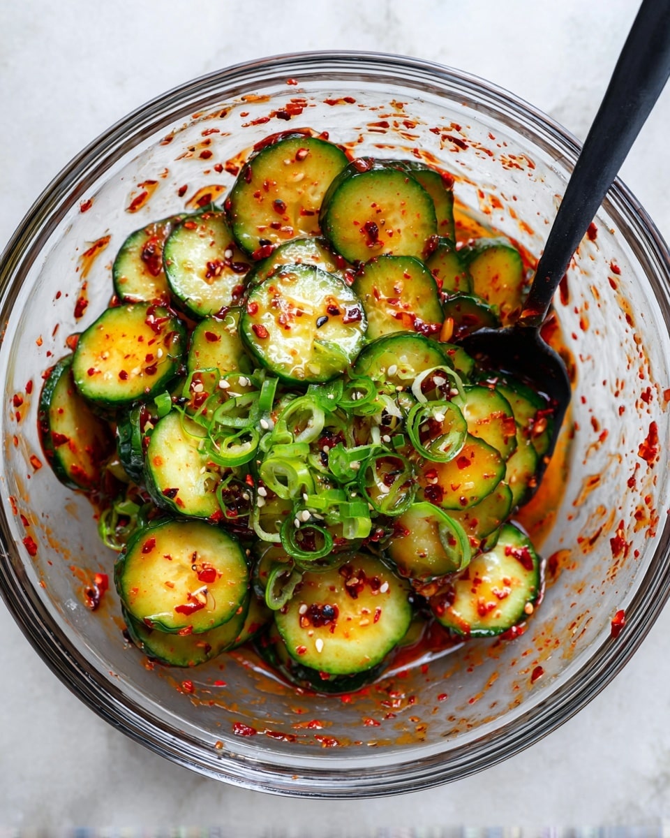 This image shows a clear glass bowl filled with many round slices of cucumber. Each cucumber slice has a bright green outer edge and a light green center. The slices are sprinkled thickly with a red powder, black seeds, and white sesame seeds evenly spread on top. The bowl sits on a white marbled surface, and there is a black utensil partially visible in the background. The texture of the cucumber looks fresh and crisp with a vibrant color mix of green, red, black, and white. photo taken with an iphone --ar 4:5 --v 7