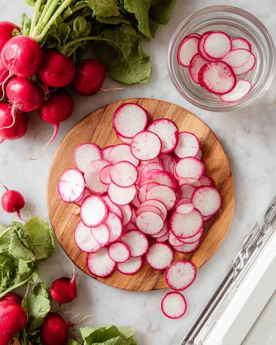 The image shows a round wooden cutting board in the center on a white marbled surface. On the board, there are many thin, round slices of radish with pale white centers and bright red edges, neatly layered and overlapping. Around the board, there are whole radishes with vibrant red skin and leafy green tops spread out randomly. To the upper right of the board, a small clear glass bowl contains several sliced radishes in water, showing the bright red outside and white inside. Part of a white mandoline slicer is visible on the right side of the image. The whole scene looks fresh and colorful with red, white, and green tones. photo taken with an iphone --ar 4:5 --v 7