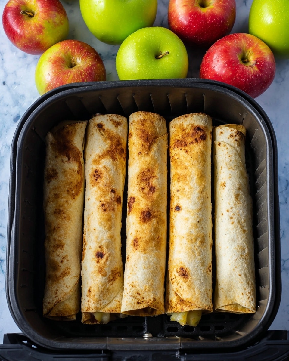 The image shows five rolled tacos or taquitos inside a black air fryer basket. They are arranged in a row, filling the basket from left to right. Each roll has a golden brown, slightly crispy surface with small toasted spots and visible texture of the baked tortilla. The ends of some rolls reveal pieces of cooked filling inside with a light yellowish color. Behind the air fryer basket, there are five whole apples sitting on a white marbled surface—three green apples and two red apples, providing a colorful and fresh background. The lighting is natural and bright, emphasizing the golden color of the rolls and the shiny skin of the apples. Photo taken with an iphone --ar 4:5 --v 7