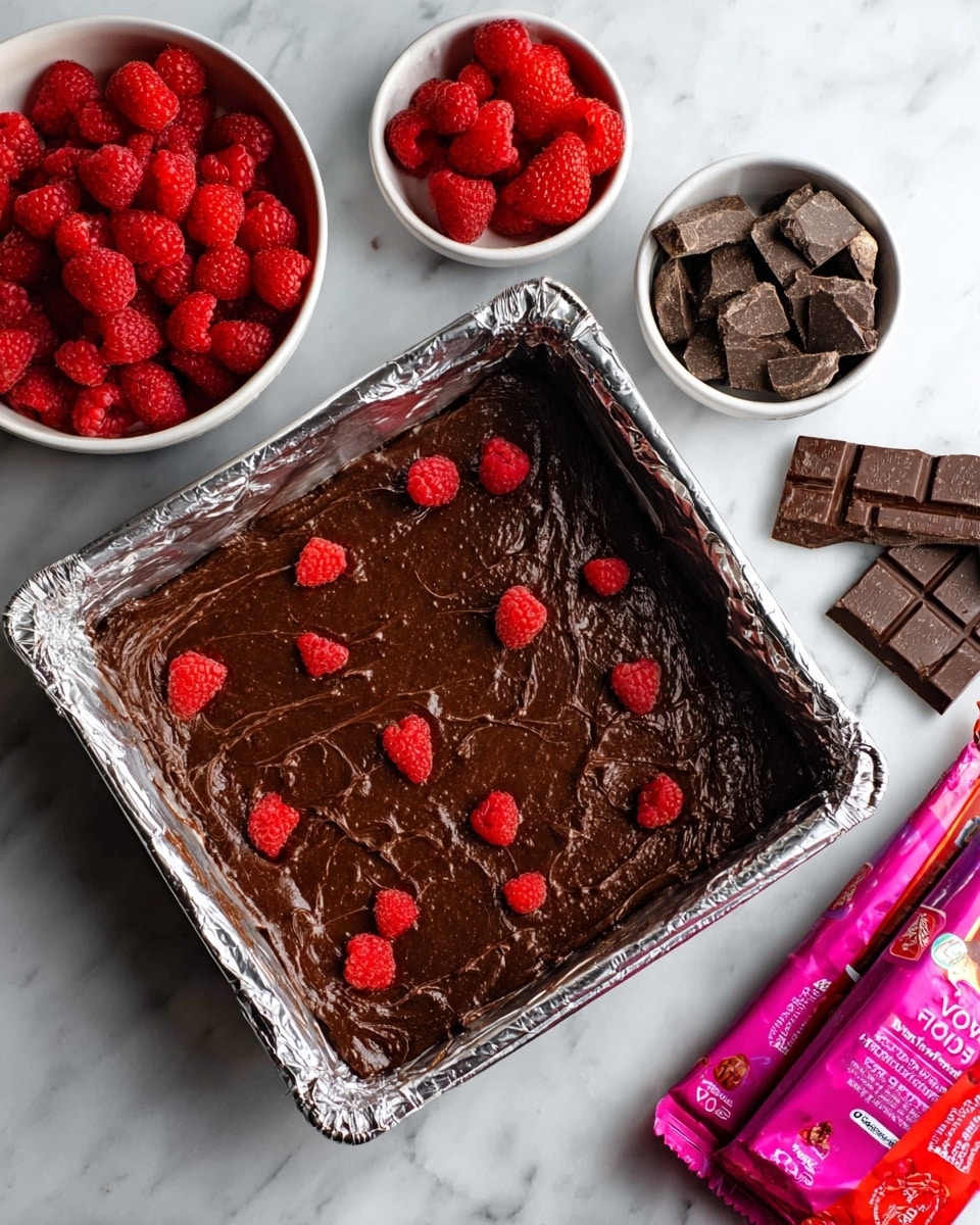 A square baking pan lined with shiny silver foil holds a thick, rich dark brown chocolate batter spread evenly inside. Scattered on top are small, bright red raspberry pieces pressed lightly into the chocolate. To the left of the pan, there are two white bowls, one filled with whole fresh raspberries and the other with small chunks of dark chocolate. A colorful dark pink chocolate wrapper lies on the right side of the pan, all placed on a white marbled surface. Photo taken with an iphone --ar 4:5 --v 7