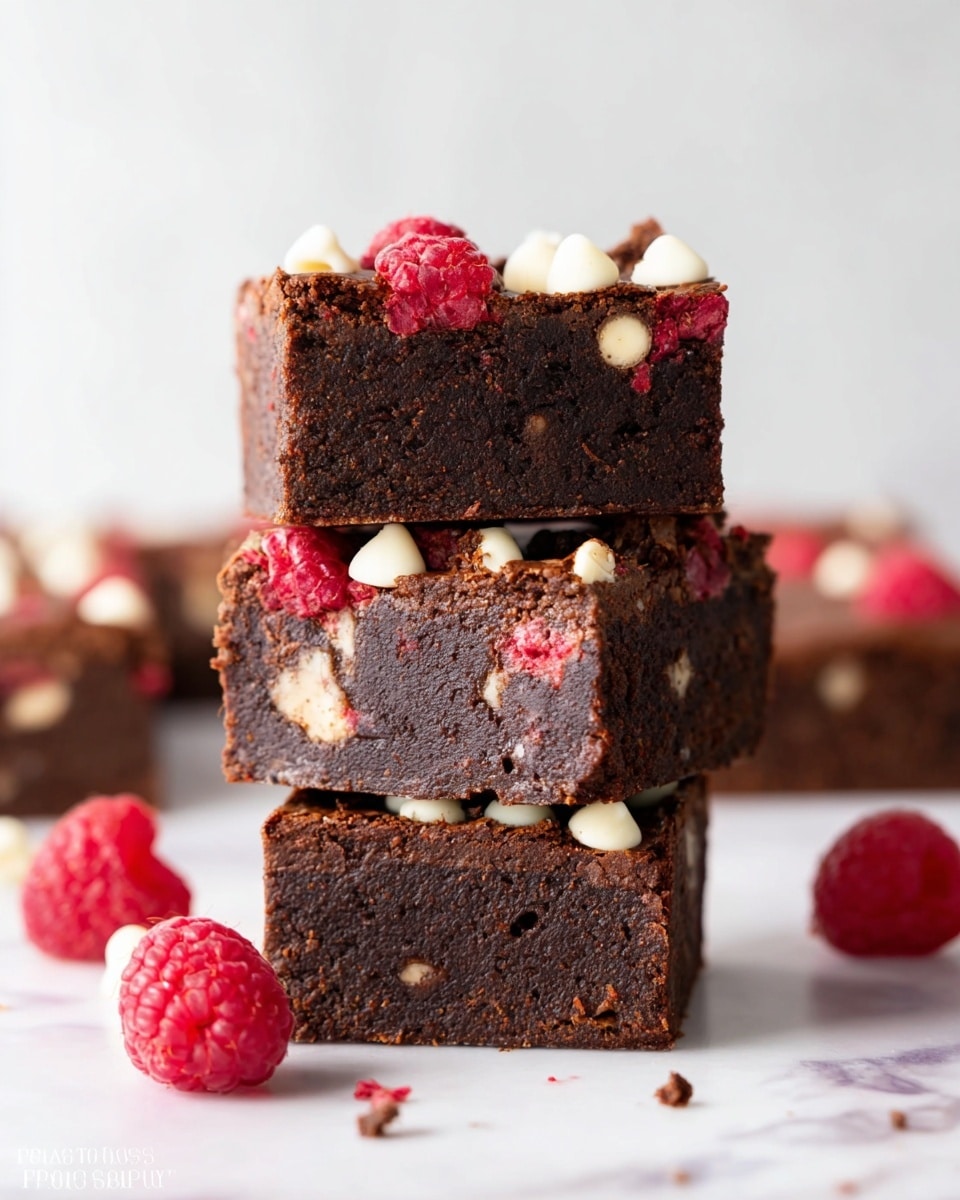 The image shows a stack of three thick brownies on a white marbled surface. Each brownie has a rich dark brown color and a dense, moist texture. The top layer is decorated with red raspberries and white chocolate chips scattered across the surface, adding pops of color and texture. The middle and bottom brownies also have visible white chocolate chips embedded inside. Around the stack, there are some loose raspberries placed casually. The background is plain and light, making the brownies the main focus. The photo taken with an iphone --ar 4:5 --v 7