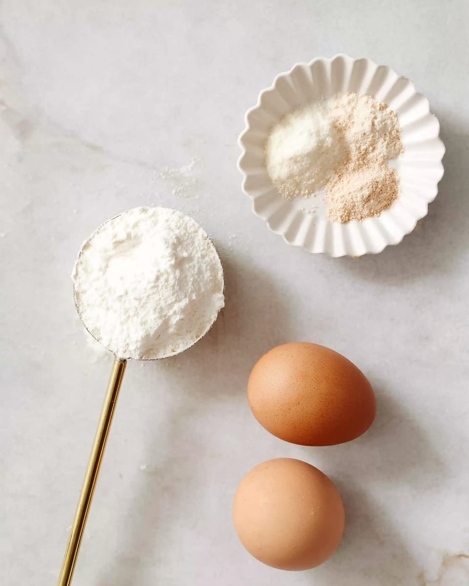 The image shows a white marbled surface with four cooking ingredients arranged spaced apart. There are two brown eggs placed near the bottom and right side. At the top right, a small white scalloped bowl holds two small piles of light brown and beige powders. On the left side, a metal measuring cup with a gold handle is filled with white powder. The setup is clean and simple, focusing on the ingredients on the white marbled background. photo taken with an iphone --ar 4:5 --v 7