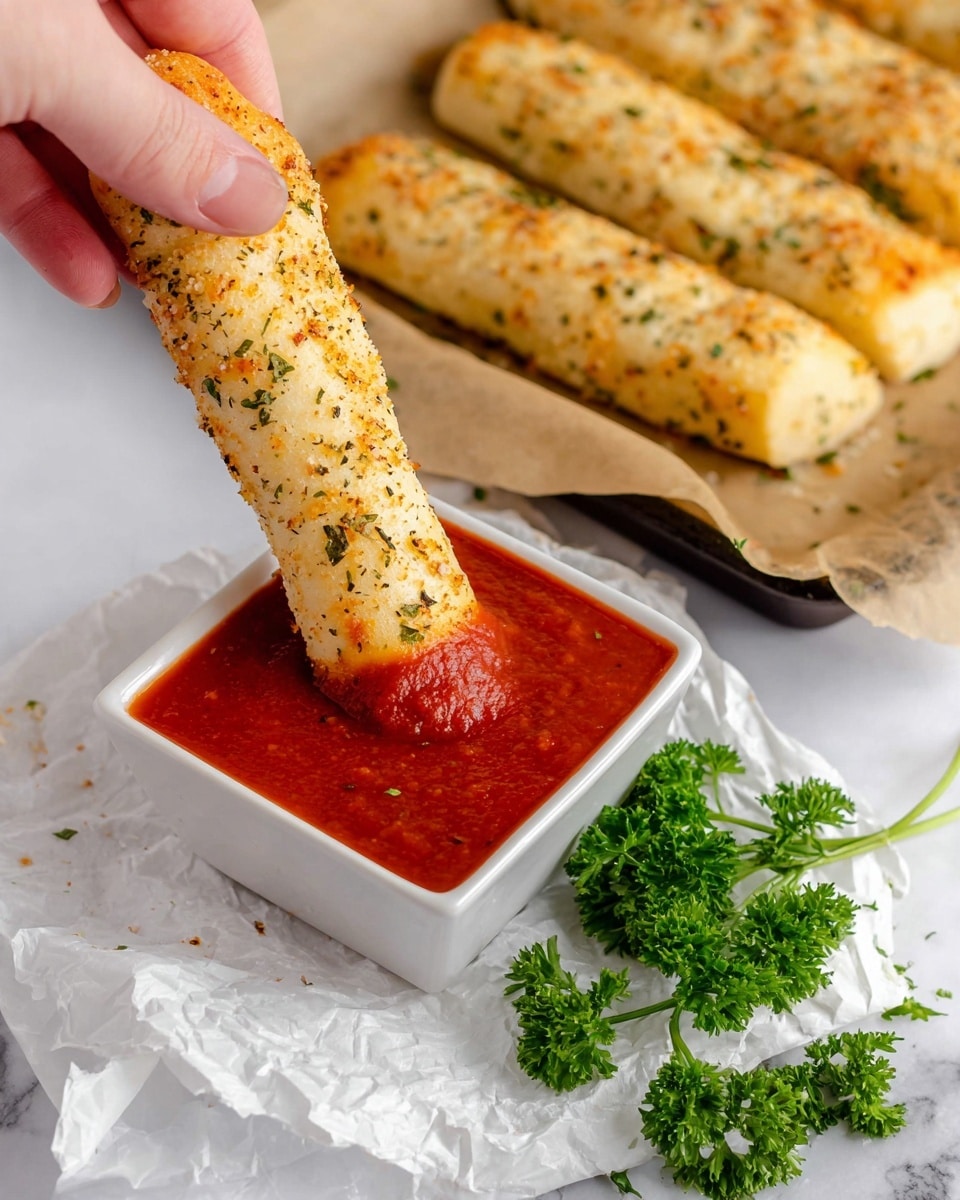 A woman's hand holds a long, soft breadstick that is light golden with specks of green herbs and orange seasoning, dipping it into a small white square bowl filled with thick, smooth, bright red sauce. Several more breadsticks, showing light toasted spots and the same herb seasoning, lie scattered on crumpled white paper beside the bowl. In the background, more breadsticks rest on a baking tray lined with parchment paper, and a bunch of fresh green parsley adds a pop of color. The scene is set on a white marbled surface. photo taken with an iphone --ar 4:5 --v 7
