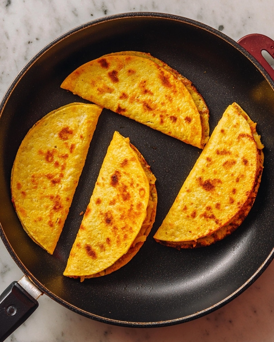 Four golden yellow half-moon shaped tacos sit in a black frying pan, each showing a slightly crispy and textured outer shell with light brown spots from cooking. The tacos are filled with a light brown mixture visible slightly at the edges. The pan rests on a white marbled surface that contrasts with its dark color. photo taken with an iphone --ar 4:5 --v 7