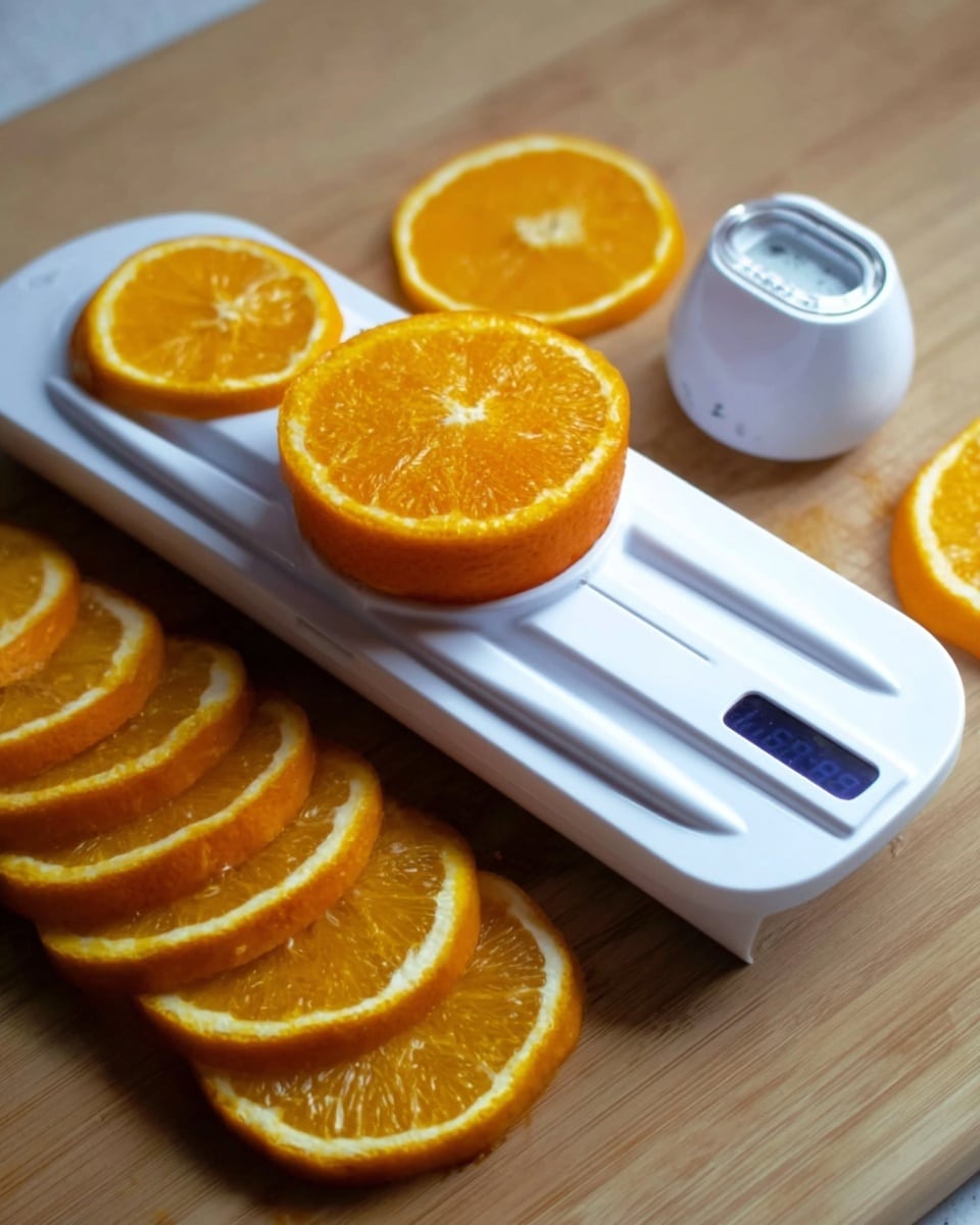 The image shows a white mandoline slicer placed on a wooden cutting board. On the slicer is a whole orange with a flat, sliced top facing upward, showcasing bright orange and light pulp textures. To the left and right of the slicer are several round, thin orange slices stacked and scattered, showing their vibrant orange color with white rind edges. A white kitchen timer with a small dark display window is placed on the right side of the cutting board. The scene is clear and well lit, with each object sharply visible. Photo taken with an iphone --ar 4:5 --v 7