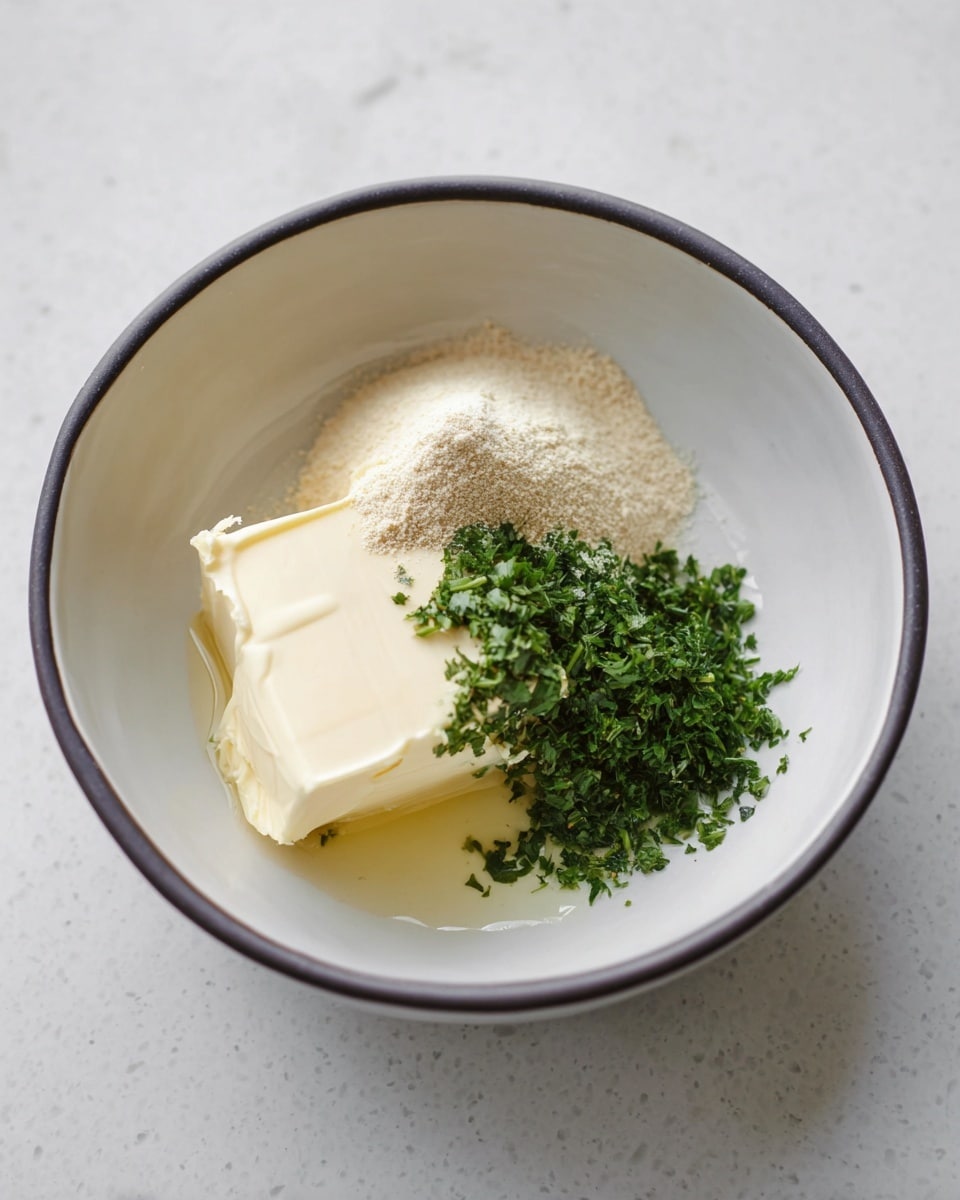 A white bowl with a dark rim sits on a white marbled surface, containing three main layers: at the bottom is a pale cream block of softened butter with a small pool of melted butter around it, on one side there is a heap of finely chopped green herbs, and beside the herbs is a light beige powder forming a small mound. The colors are soft and natural, showing clear texture differences between creamy butter, fluffy powder, and fresh chopped herbs. photo taken with an iphone --ar 4:5 --v 7