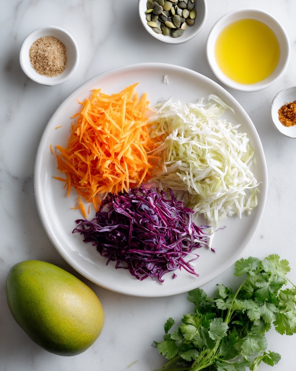 A white plate holds three separate piles of shredded vegetables arranged in a triangular pattern: bright orange shredded carrots on the top left, pale white shredded cabbage on the top right, and deep purple shredded cabbage on the bottom left. Below the plate on a white marbled surface sits a whole green mango with smooth skin. To the right of the mango is a fresh bunch of green cilantro leaves. Surrounding these main items are small white bowls and one light brown bowl holding various ingredients, including a yellow liquid, green sliced scallions, dark green pumpkin seeds, and some lightly colored powders or spices. Photo taken with an iphone --ar 4:5 --v 7