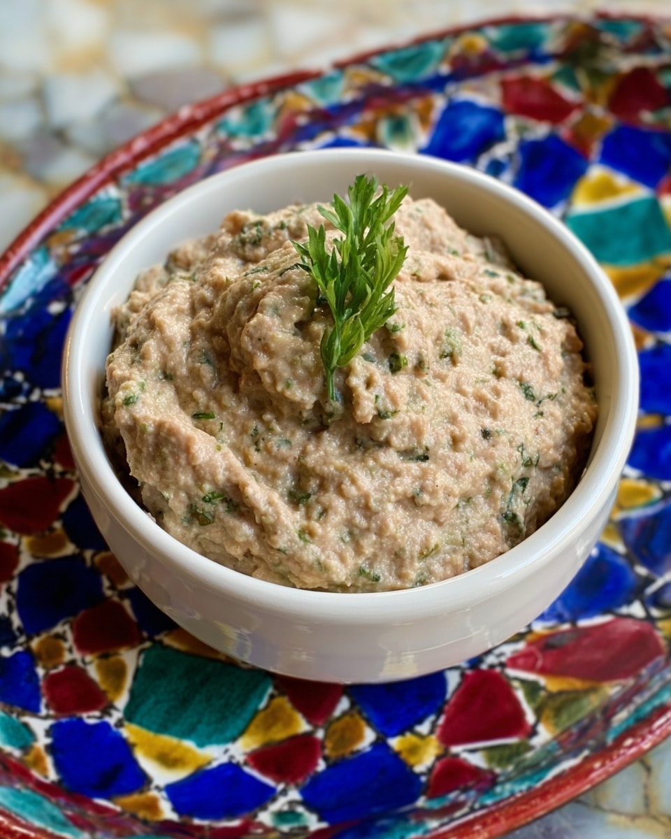 A small white bowl filled with a thick, creamy mixture that is light brown with small green herb specks mixed in. The surface of the dish is uneven and textured, with lettuce or herb sprigs placed on top as garnish. The bowl sits on a colorful patterned plate featuring blue, red, green, and yellow geometric designs, all on a white marbled surface in the background. Photo taken with an iphone --ar 4:5 --v 7