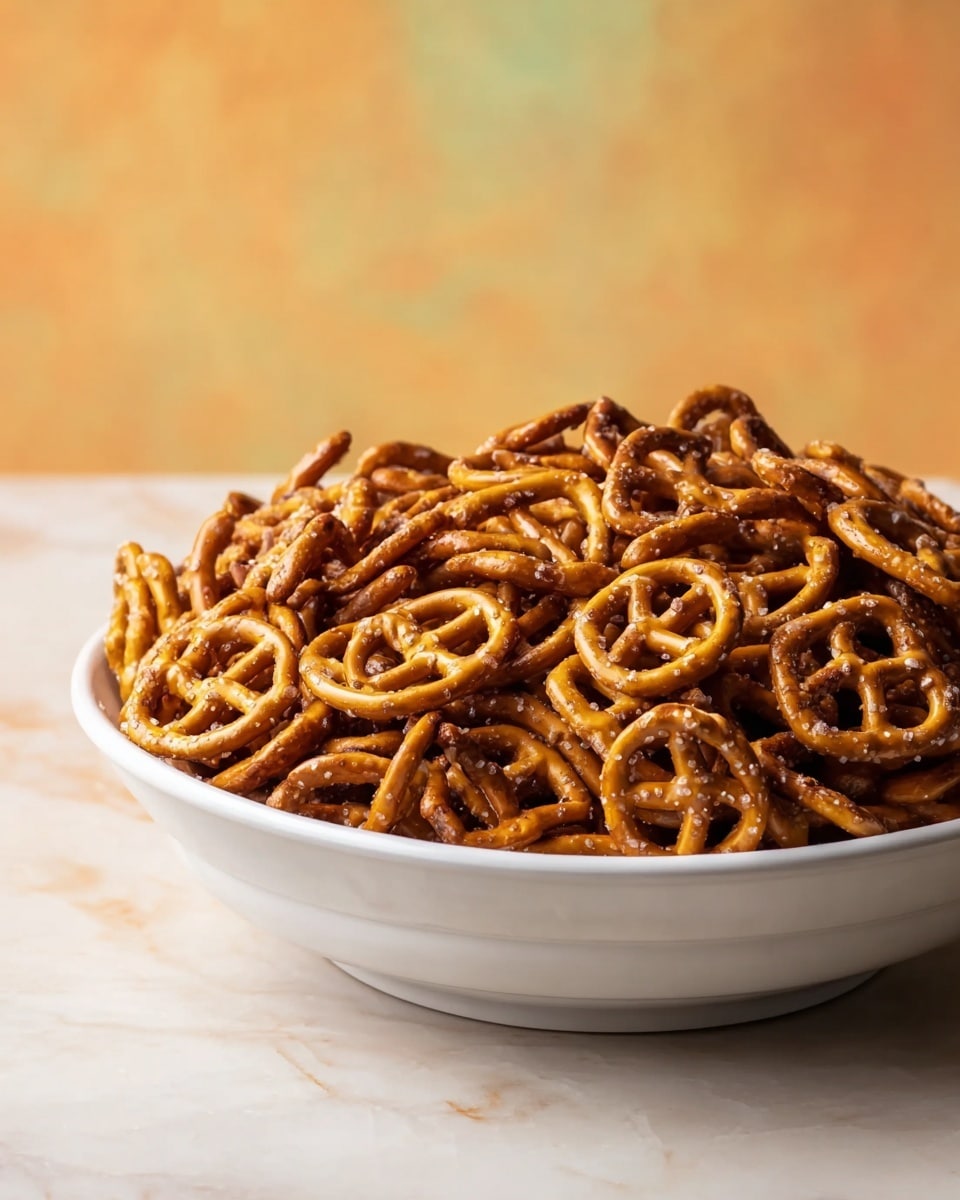 A white shallow bowl filled with a large pile of crunchy pretzel twists. The pretzels are golden brown with some pieces darker, showing roasted spots and a rough texture. The bowl sits on a white marbled surface, and the background is a soft orange with hints of green and yellow. Light shines gently on the pretzels, highlighting their shiny salt crystals and crisp edges. photo taken with an iphone --ar 4:5 --v 7