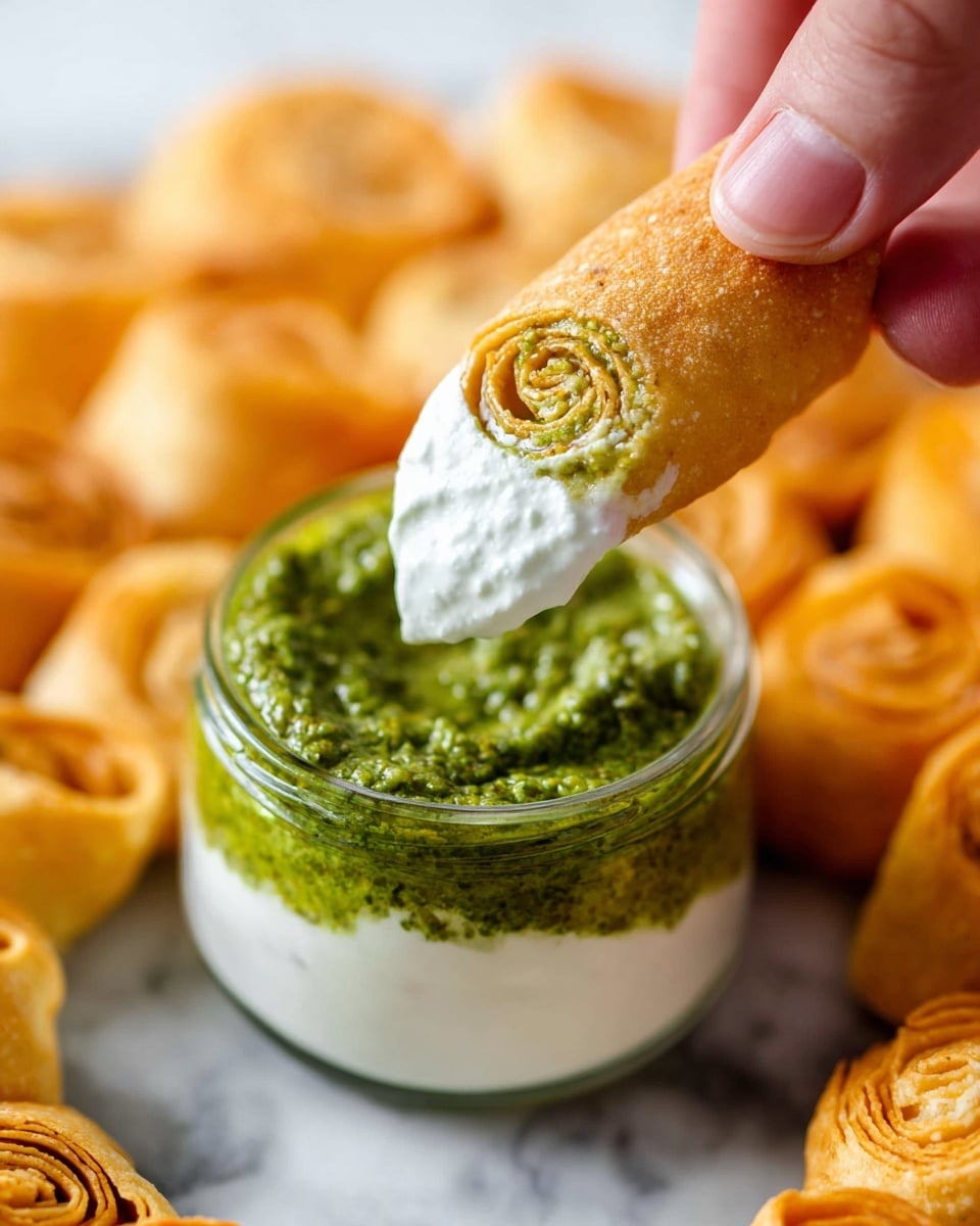 A close-up view of a golden-orange rolled tortilla chip dipped into a small clear glass jar with two layers of dip: the bottom layer is smooth white cream and the top layer is a textured green sauce. The chip shows a crunchy texture with swirled patterns and is held by a woman's hand. In the background, more rolled tortilla chips form a circle on a white marbled surface. Photo taken with an iphone --ar 4:5 --v 7