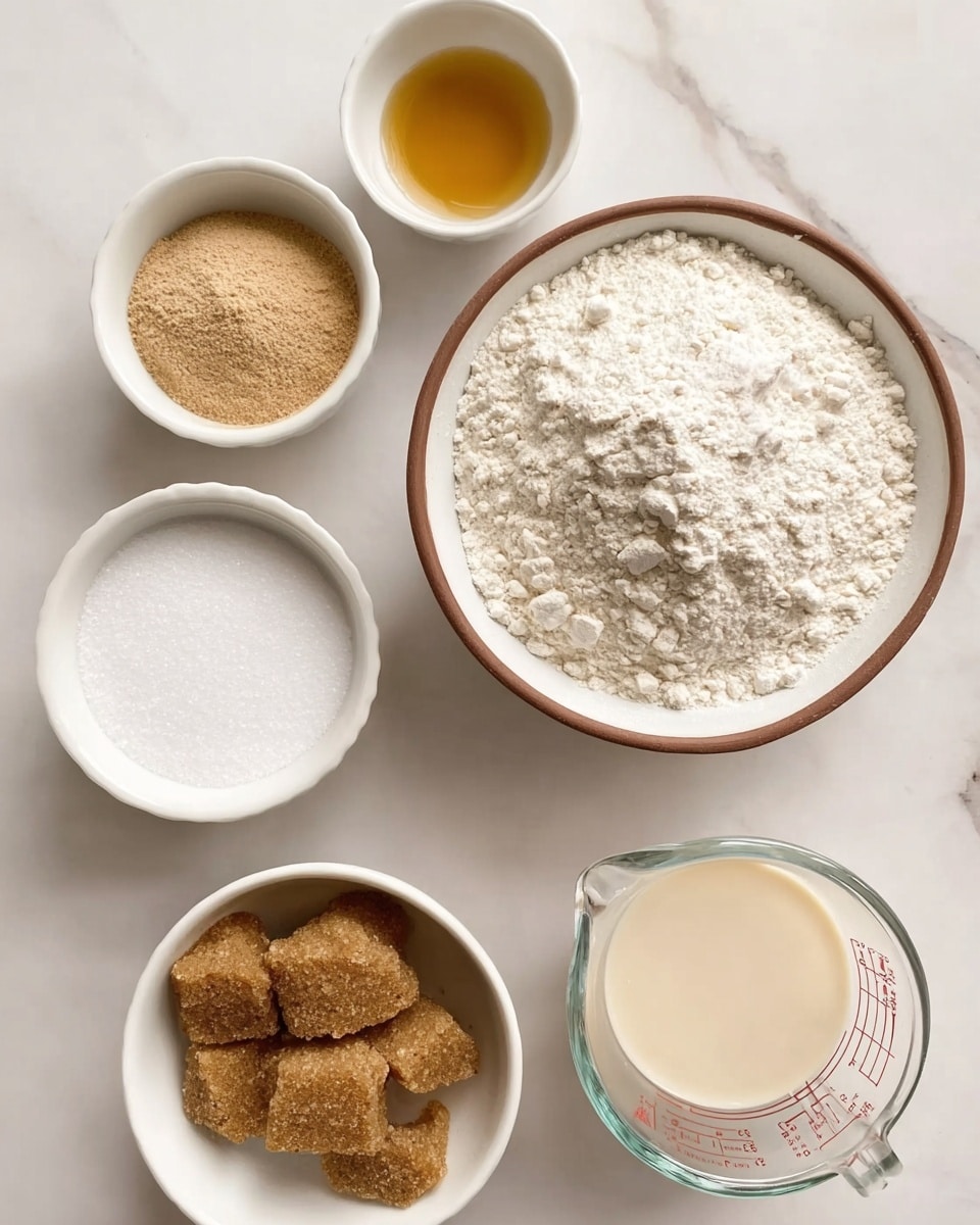 The image shows several bowls and a measuring cup placed on a white marbled surface, each holding different baking ingredients. Starting from the top left, a small white bowl holds a light brown powder, next to it a small white bowl contains a golden liquid, below that a larger white bowl is filled with medium brown sugar clumps, and another white bowl contains white granulated sugar. To the right, a large white bowl with a brown rim is filled with white flour that has a rough, powdery texture. Next to it on the bottom right, a clear glass measuring cup contains a beige liquid, likely milk or cream. The arrangement is neat and each ingredient is clearly visible in its bowl or cup. Photo taken with an iphone --ar 4:5 --v 7